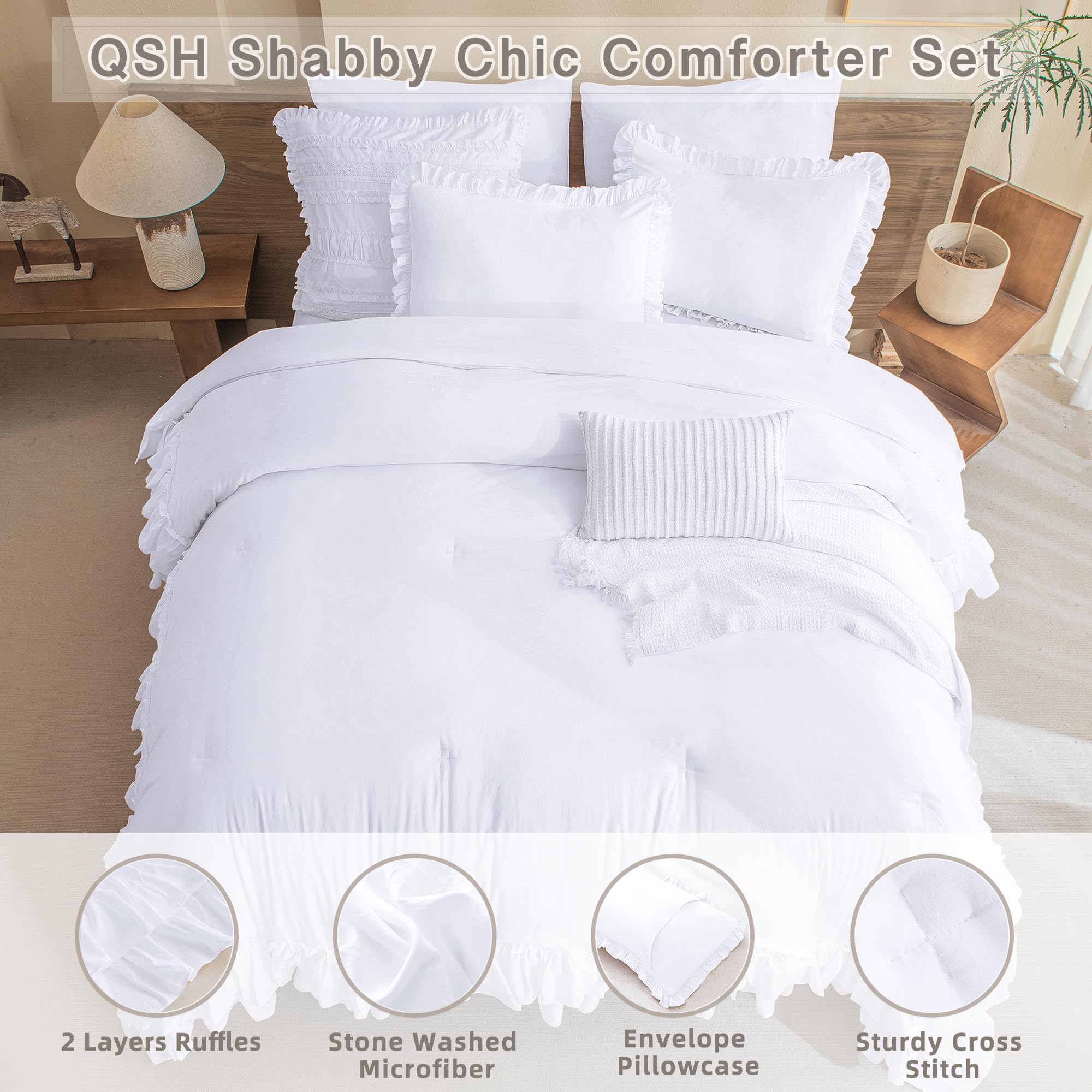 QSH White Ruffled Comforter Set - Queen Size Farmhouse Shabby Chic Boho Bedding - Lightweight Fluffy Microfiber Comforter - 3 Piece Set for Cozy Bedroom Decor & Guest Room Styling