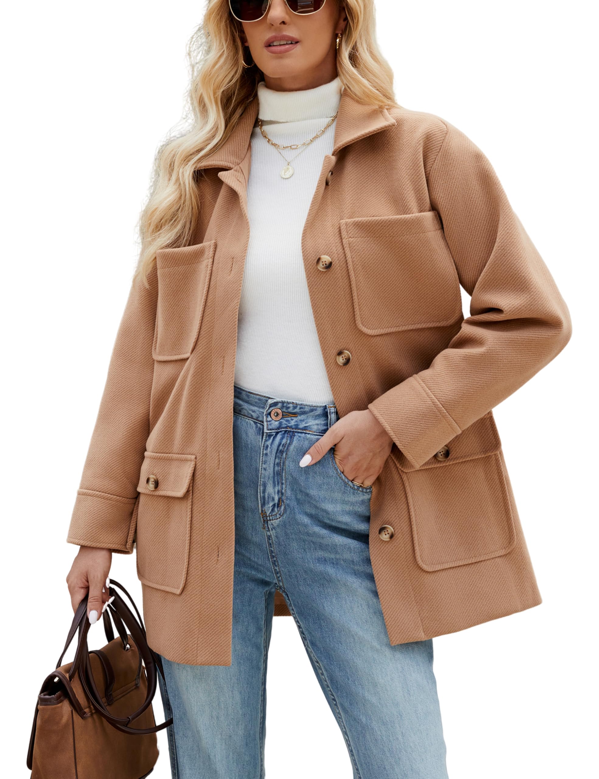 Omoone 2024 Women's Winter Wool Blend Pea Coat - Mid-Length Trench Coat with Pockets | Elegant Warm Outerwear for Office, Dating & Formal Occasions