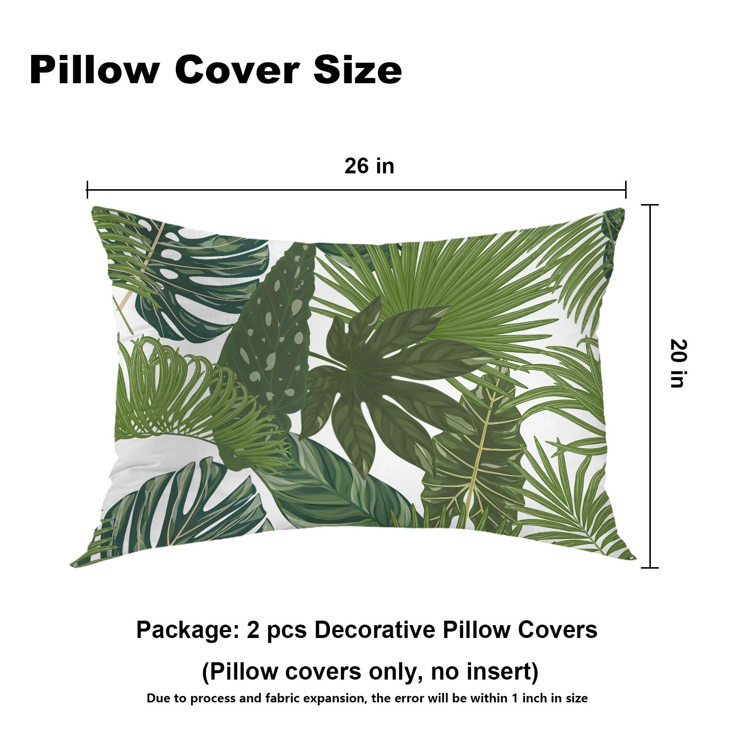 Batmerry Green Tropical Palm Leaf Pillowcases - 20x26 Inch White Nature Decorative Bed Pillow Covers with Hidden Zipper | Digital Printed Blended Fabric for Bedroom, Living Room & Guest Room Decor