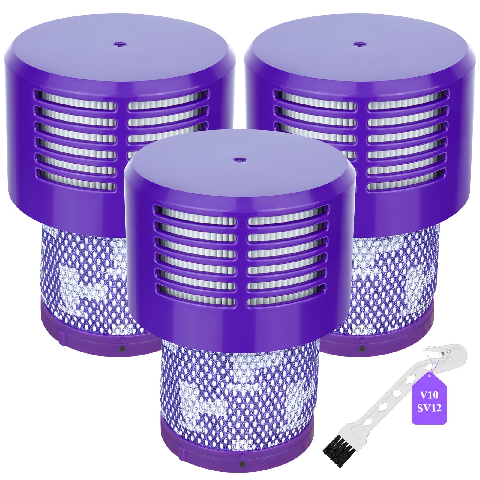 Dyson V10 Vacuum Filter Replacement - 3 Pack HEPA Filters & Cleaning Brush for V10 Cyclone, Absolute, Animal, Total Clean, SV12 (Part No. 969082-01) - Perfect for Pet Hair, Allergies & Deep Home Cleaning