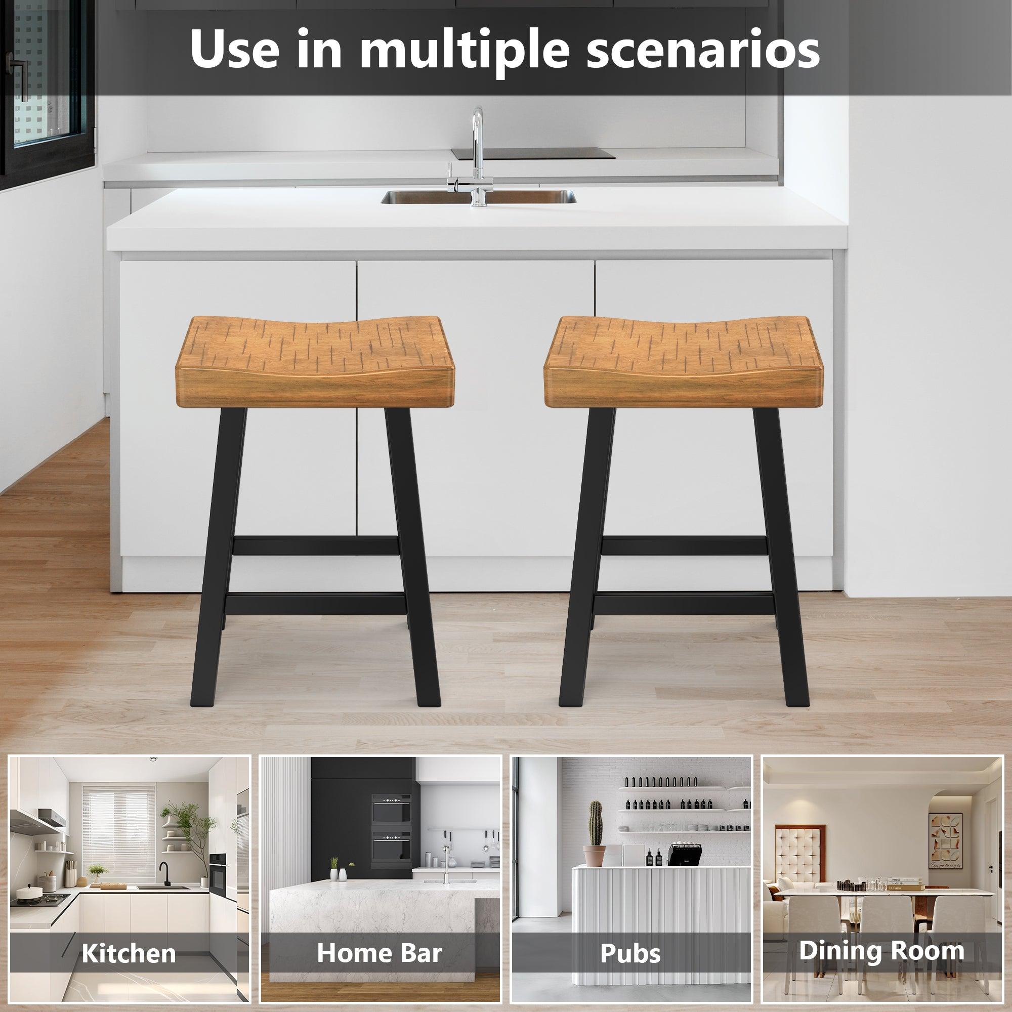 Set of 2 Farmhouse Solid Wood Bar Stools - Backless Saddle Seat Counter Height Chairs for Kitchen Island, Breakfast Nook & Home Office - Perfect for Rustic Decor, Dining & Small Space Living