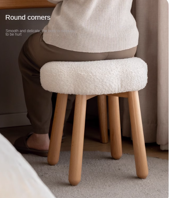 Nordic Style Solid Wood Makeup Stool - Beech & Birch with Lamb Velvet Cloud Cushion for Vanity, Dressing Table, and Bedroom Decor