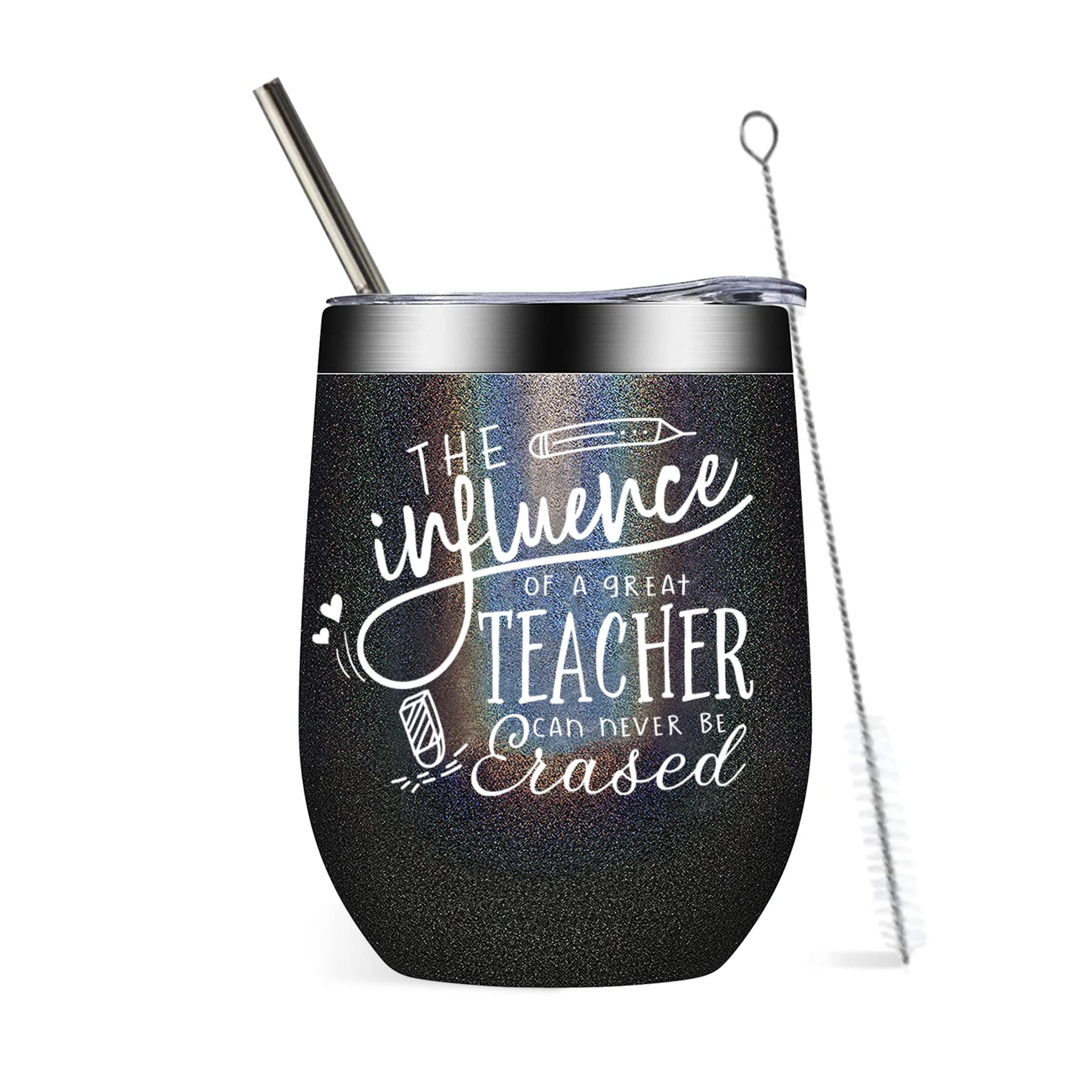 ELEGANTPARK 12oz Insulated Wine Tumbler with Lid & Straw - Perfect Teacher Gift for Women & Men, Great for Appreciation, Birthday, Christmas, Graduation - Ideal for Classroom, Office & Outdoor Use (Black)