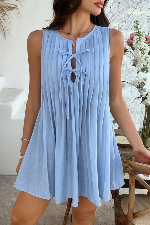 Solid Color Sleeveless Tie Pleated Casual Mini Dress for Women - Summer Beach Party, Date Night & Vacation Outfit