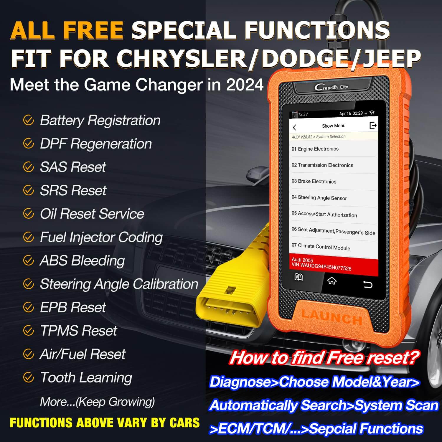 LAUNCH X431 Creader Elite OBD2 Scanner for Chrysler Dodge Jeep - Bidirectional Diagnostic Tool with ABS SRS DPF Scan & Oil Reset - Car Code Reader for Engine Light & Vehicle Maintenance (Works on Chrysler, Dodge, Jeep Models) - Perfect for Auto Repair Shops & DIY Car Diagnostics