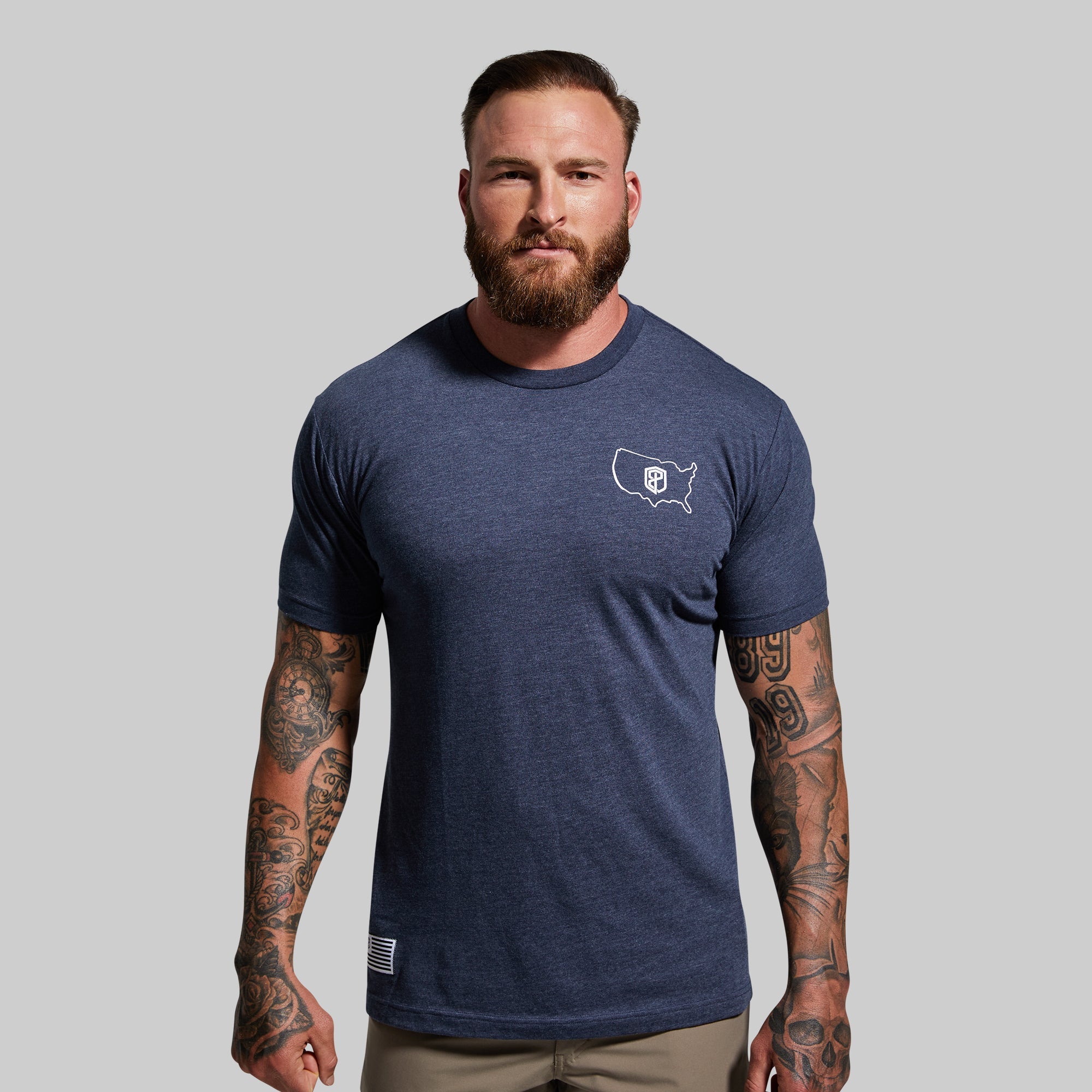 Home of the Brave T-Shirt - Heather Navy Cotton Tee for Men | Patriotic American Flag Apparel - Perfect for 4th of July, Veterans Day & Casual Wear