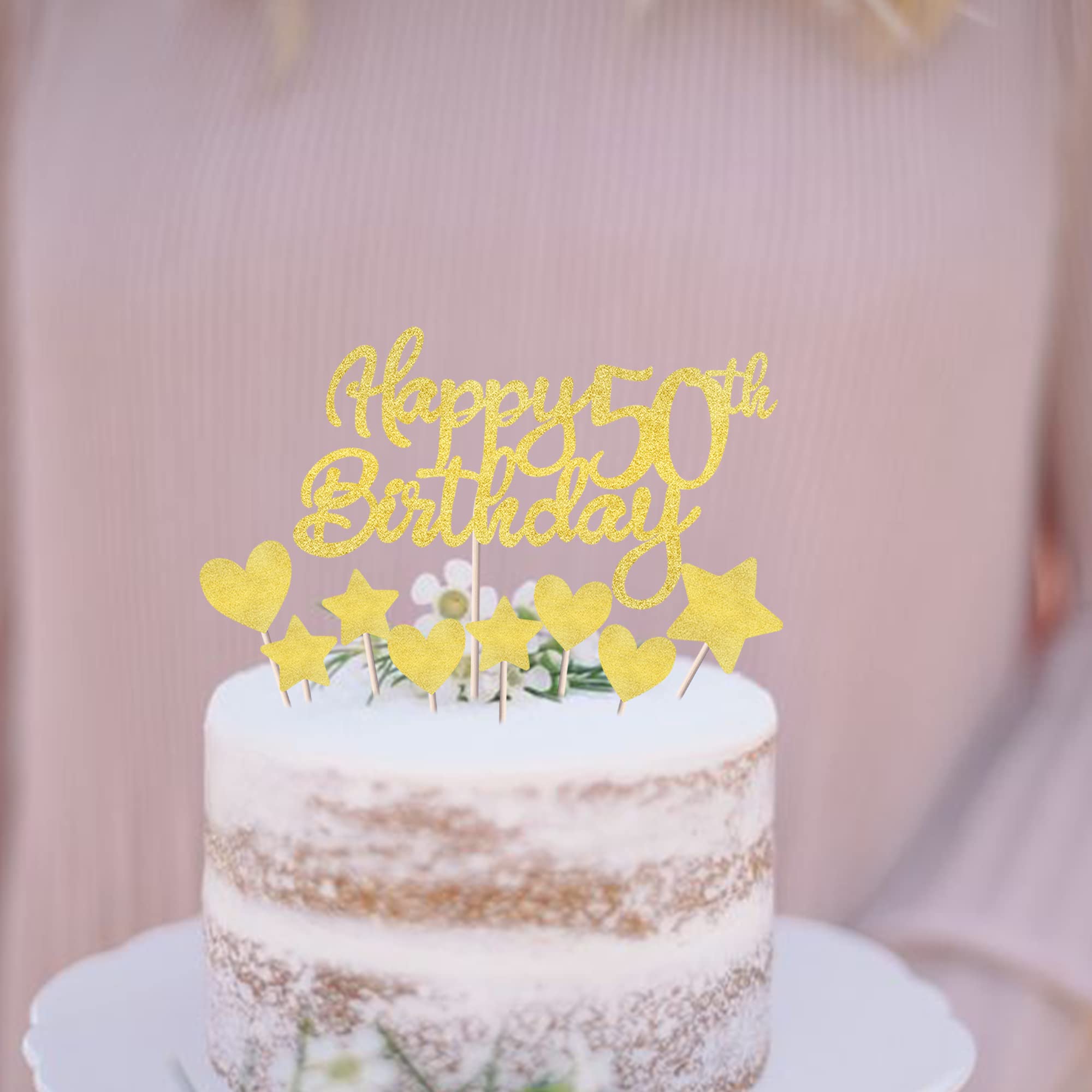Rsstarxi 9 Pack Happy 50th Birthday Cake Topper Set - Glitter Heart & Star Cupcake Toppers for 50th Birthday Party Decorations | Cheers to 50 Years Old | Perfect for Anniversary Celebrations, Milestone Parties & Cake Decorating