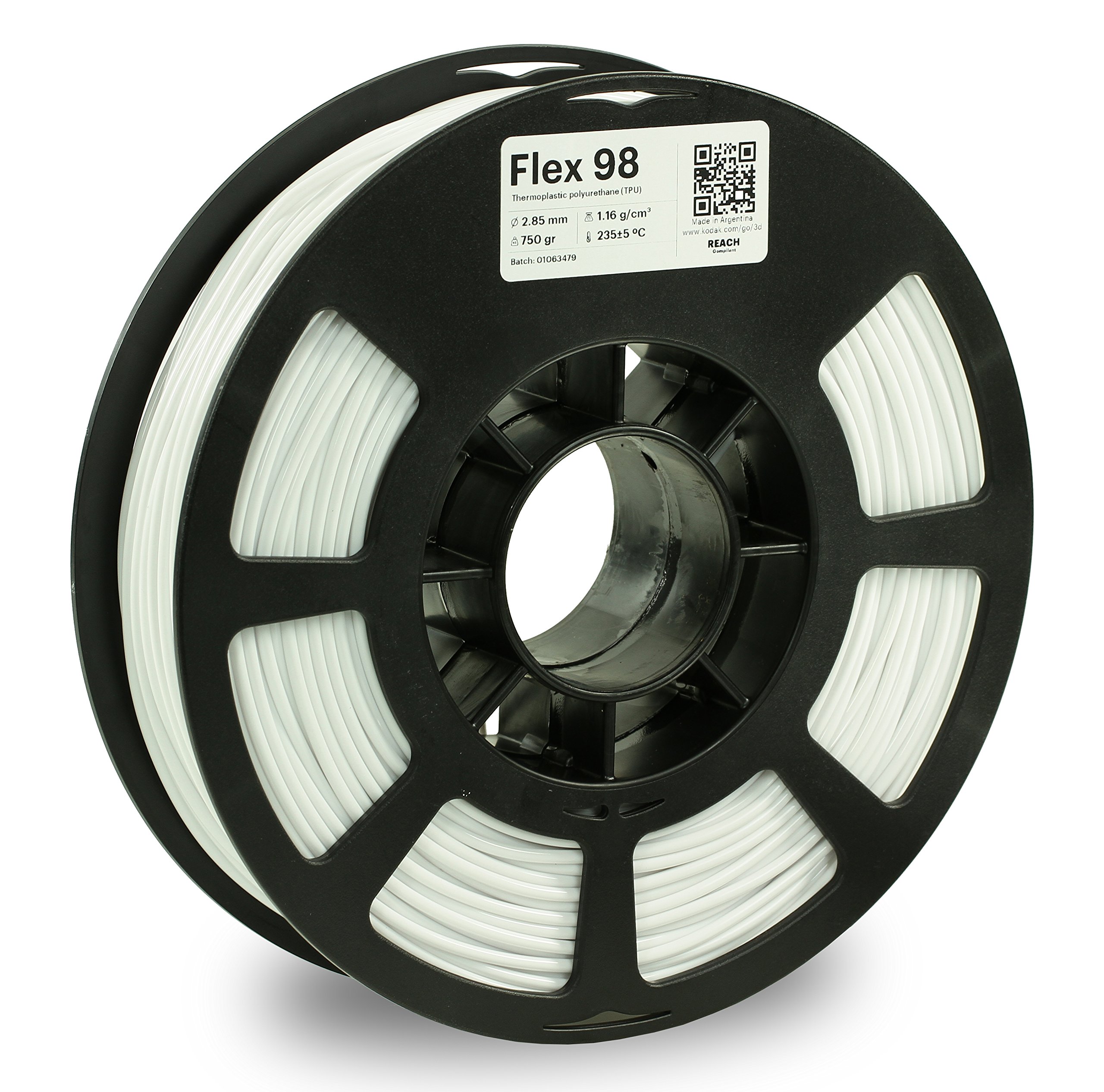 Premium KODAK FLEX 98 Flexible TPU 3D Printer Filament - 2.85mm, 750g (1.6lbs) Spool, White, +/-0.03mm Accuracy - Low Moisture Filament in Vacuum Aluminum Ziploc Bag - Compatible with Most FDM Printers - Perfect for Flexible Prototypes, Phone Cases & Wearable Tech Accessories