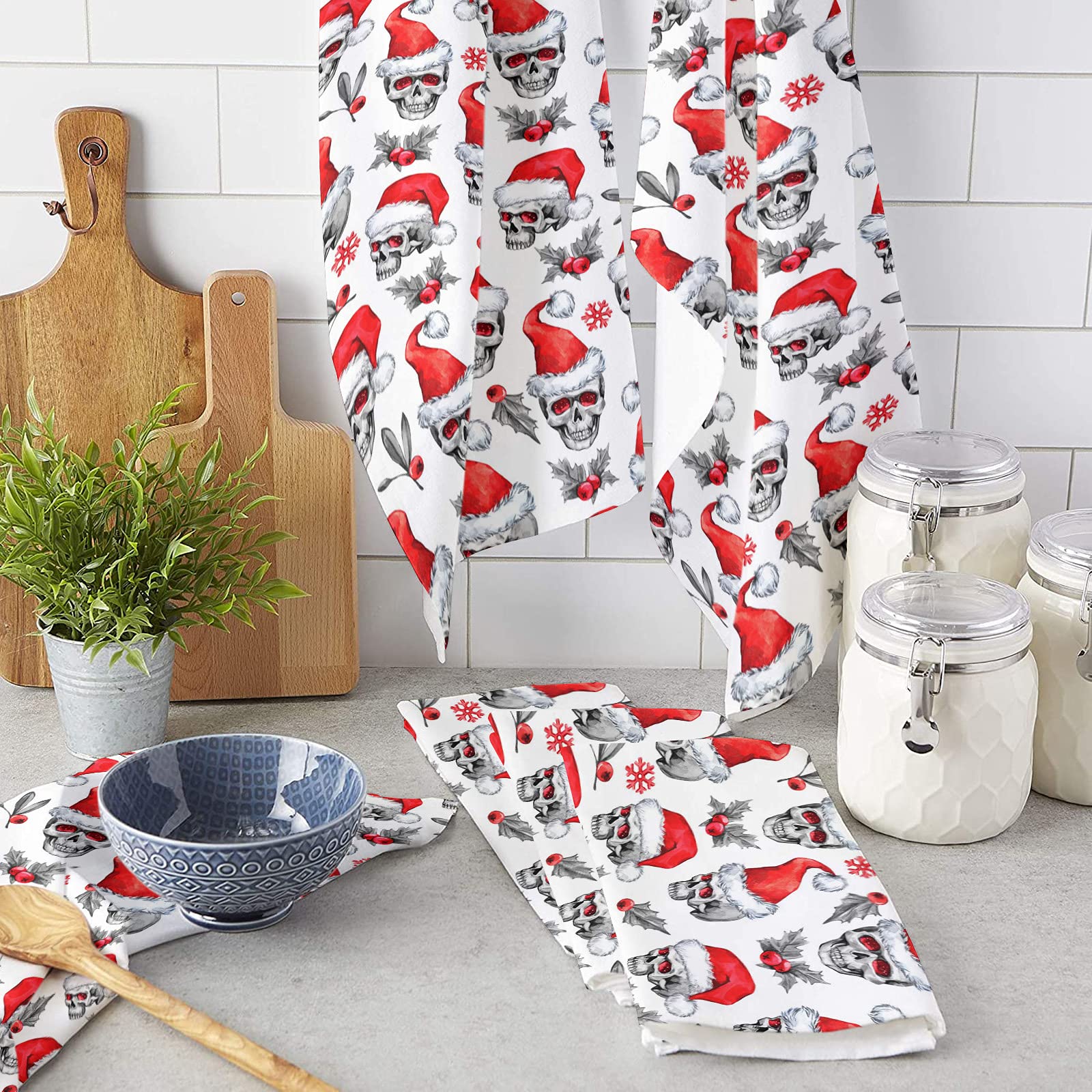 Premium Halloween & Christmas Skull Print Kitchen Towels - 16x28 Inches Soft Cotton Dish Cloths, Tea Towels & Hand Towels (2 Pack) - Perfect for Holiday Decor, Dish Drying & Bar Use