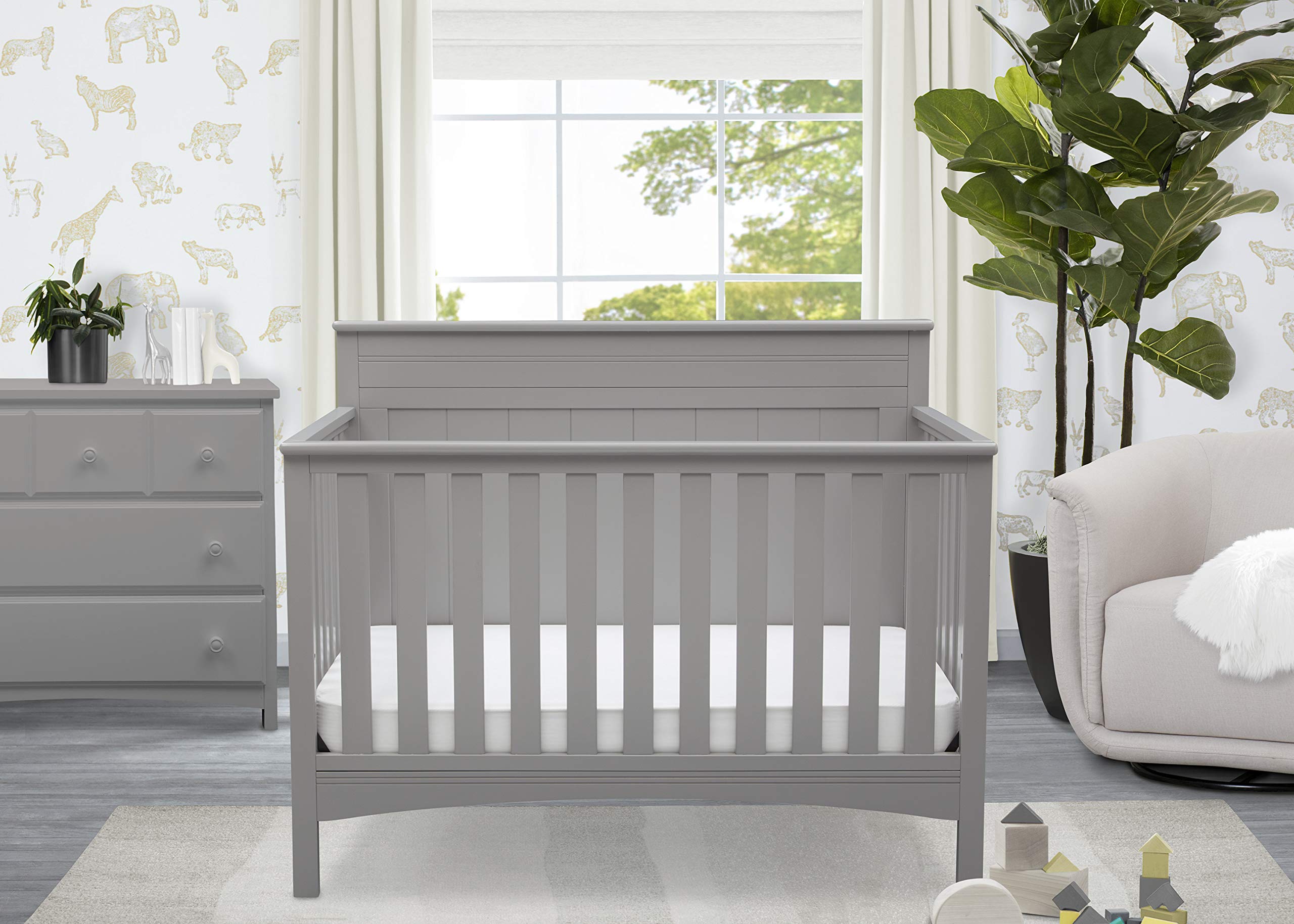 Delta Children 4-in-1 Convertible Crib with Serta Toddler Mattress - Grey Nursery Furniture Set | Safe Sleep Solution for Babies & Toddlers | Perfect for Modern Nursery, Daycare or Guest Room