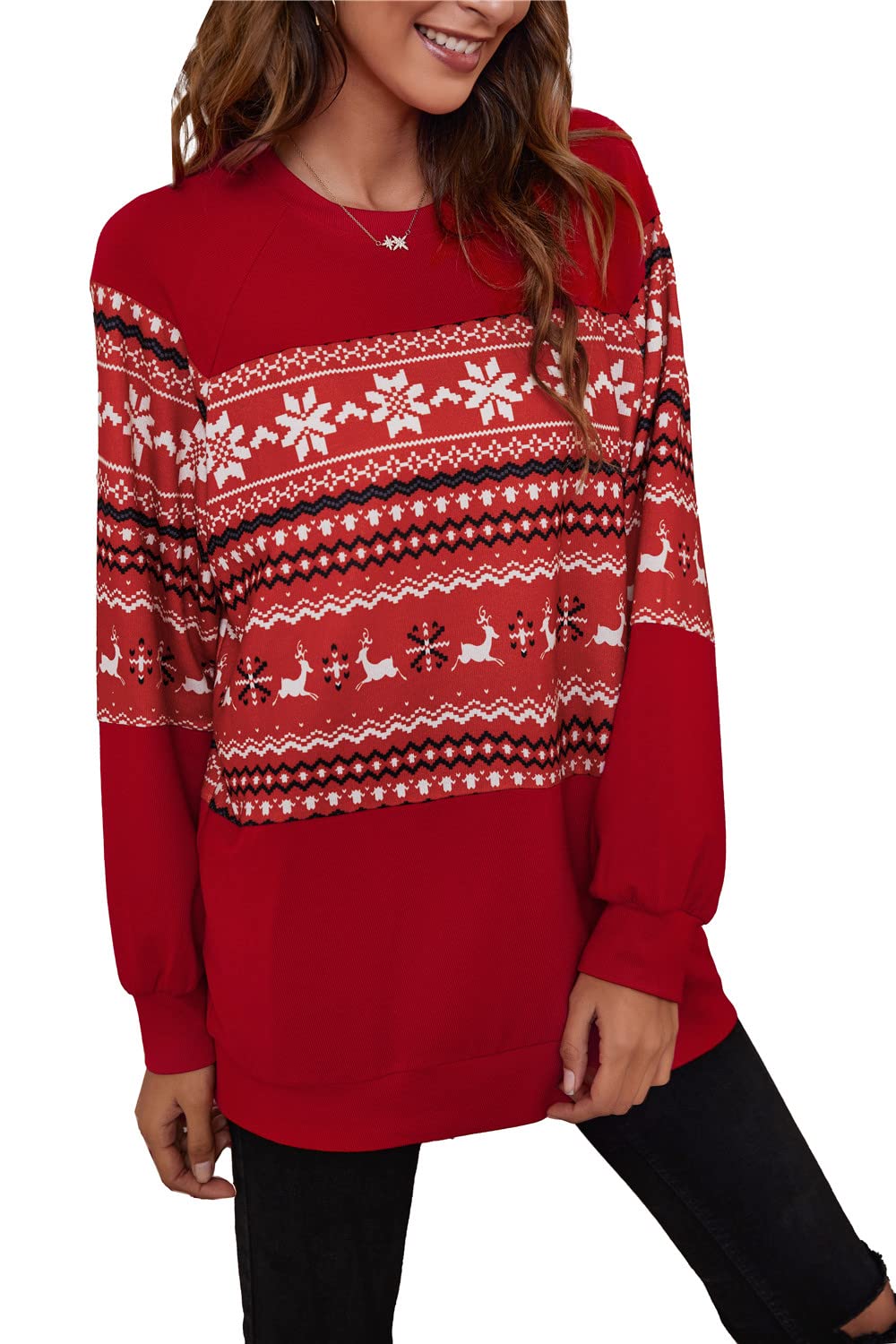 Y2K Women's Christmas T-Shirt - Long Sleeve Snowflake Elk Print Blouse Top - Harajuku Crewneck Sweatshirt Pullover Winter Outwear for Holiday Parties & Festive Gatherings