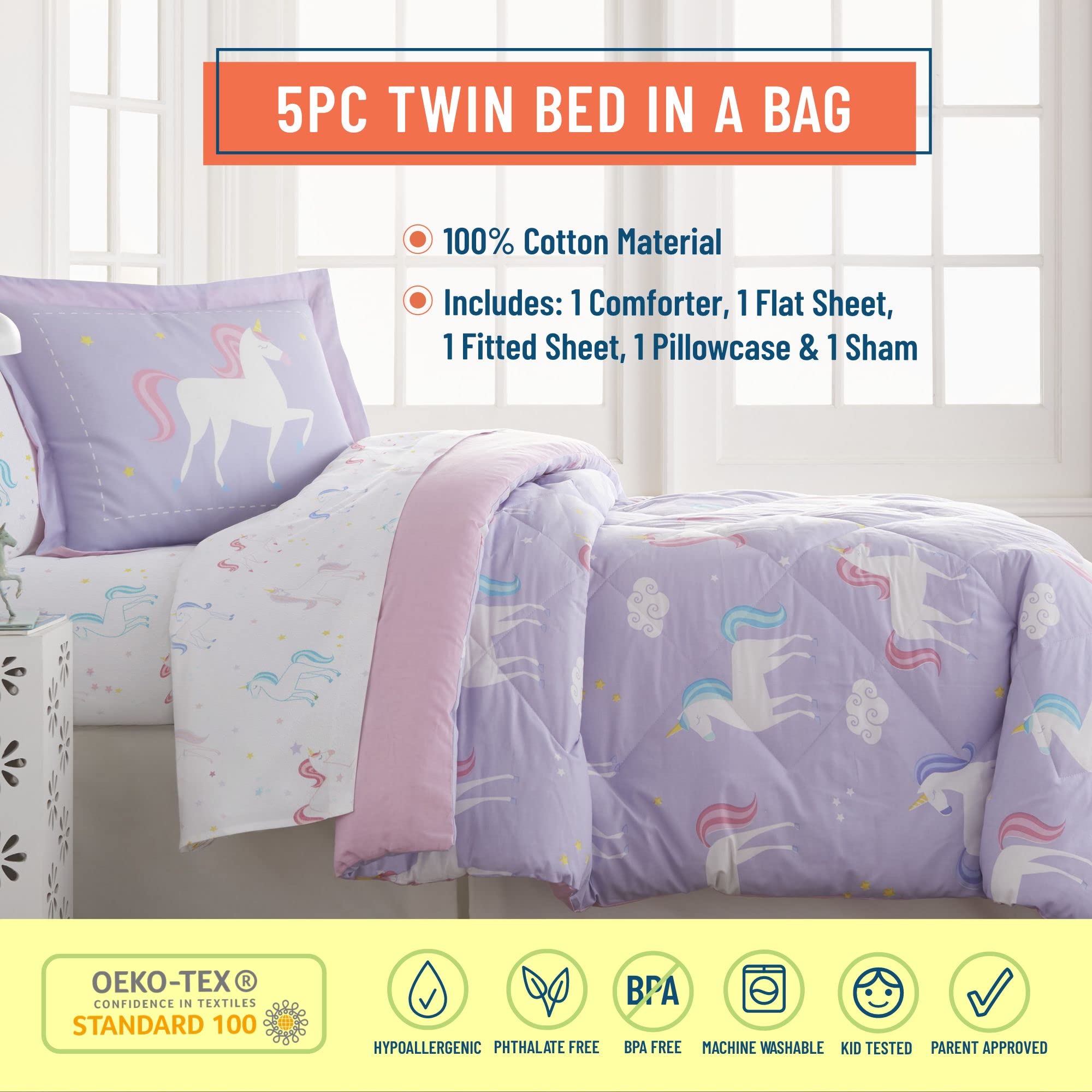 Wildkin 5-Piece Plush Unicorn Blanket Set for Twin Bed - Ultra Soft Cotton Bedding Bundle | Perfect for Kids' Rooms, Sleepovers & Cozy Nights