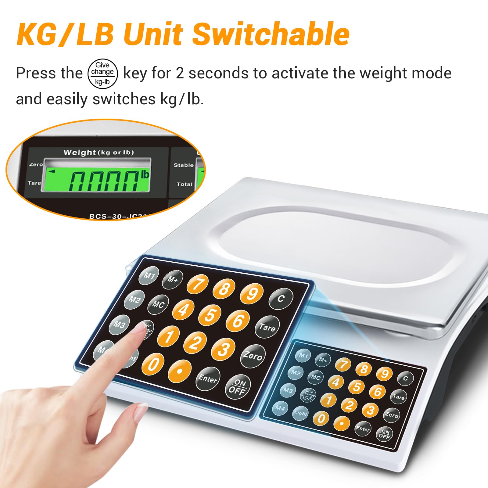 66lb Digital Commercial Food Scale with Green Backlight LCD - Price Computing Scale for Meat, Produce, Farmers Market & Retail - Battery Powered Weighing Scale for Kitchen, Grocery Store, Butcher Shop & Food Business