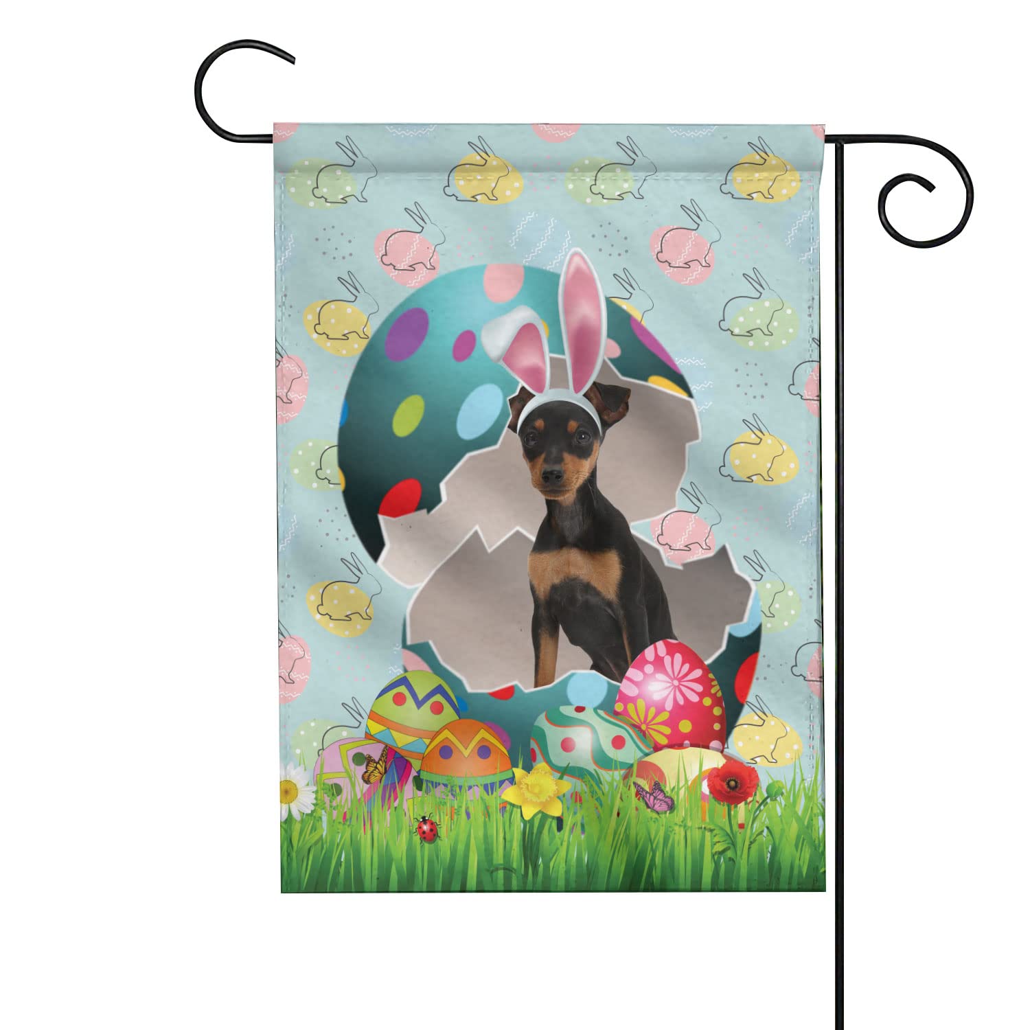 Happy Easter Flag with Miniature Pinscher Design - Funny Dog Decor for Spring - Easter Eggs Garden Flag - Holiday Home Welcome Banner DG29233 - Perfect for Front Yard, Porch & Seasonal Outdoor Decor