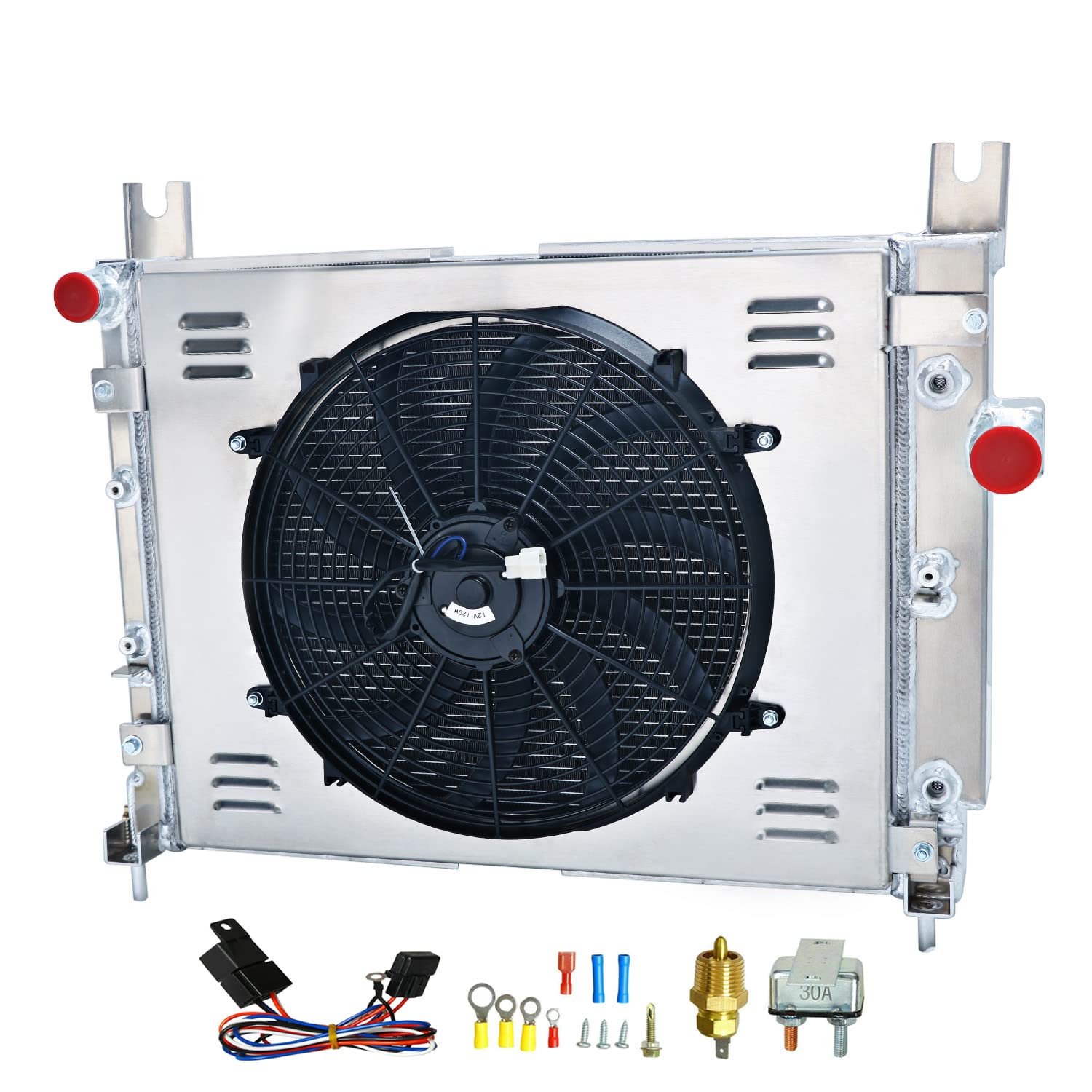 High-Performance 4-Row Aluminum Radiator for 2000-2004 Dodge Durango & Dakota - Fits 3.9L V6 & 4.7L V8 Engines - Includes Cooling Fan Shroud & Relay Kit - Perfect for Off-Roading & Heavy-Duty Towing