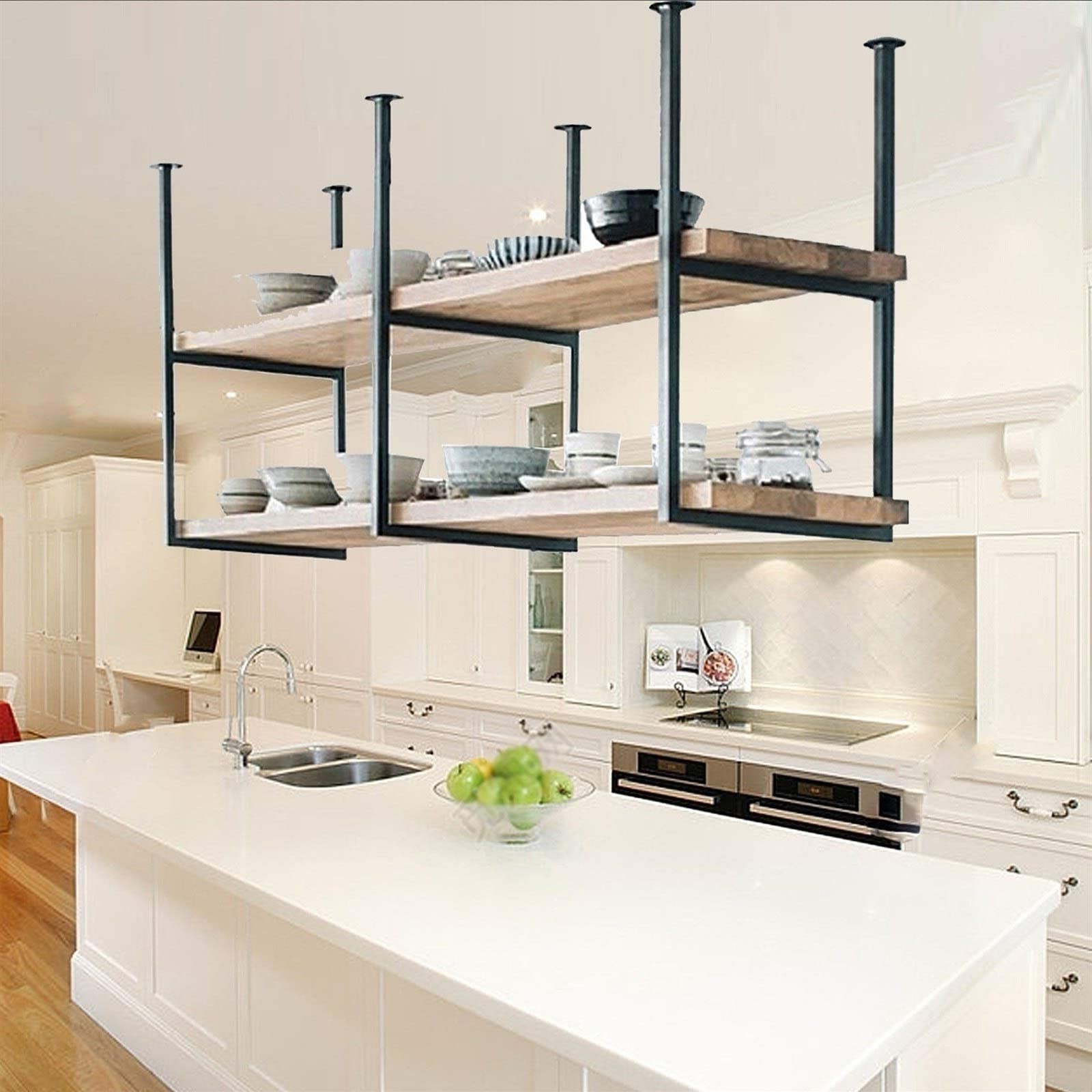 Solid Wood & Wrought Iron Ceiling Hanging Wine Rack - European Style Multifunctional Display Shelf for Kitchen, Bar, Living Room - Perfect for Wine Storage & Home Decor