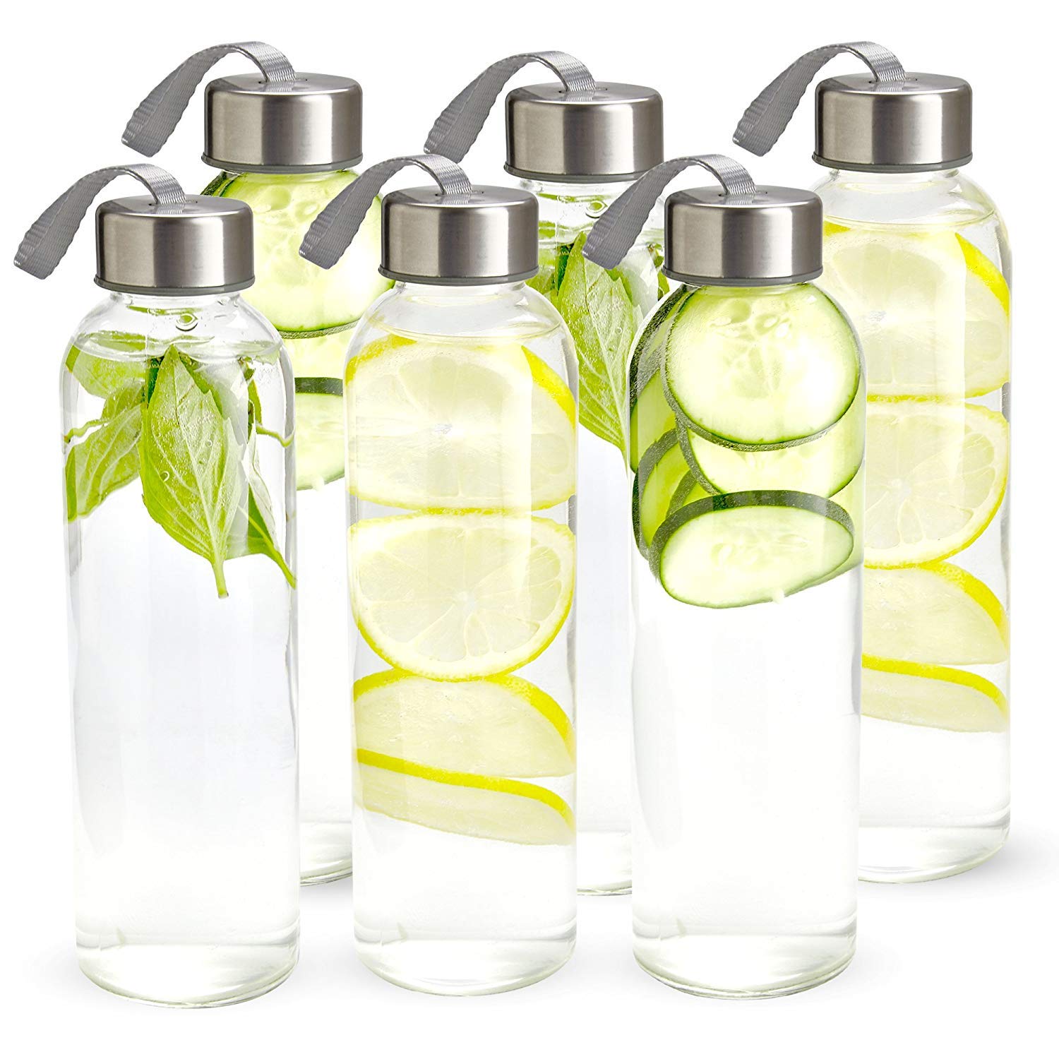 6 Pack 17 oz (500ml) High Borosilicate Glass Water Bottles with Leak-Proof Silver Caps - Reusable Drinkware for Water, Juice, Milk, Tea - Perfect for Gym, Office, Hiking & Outdoor Activities
