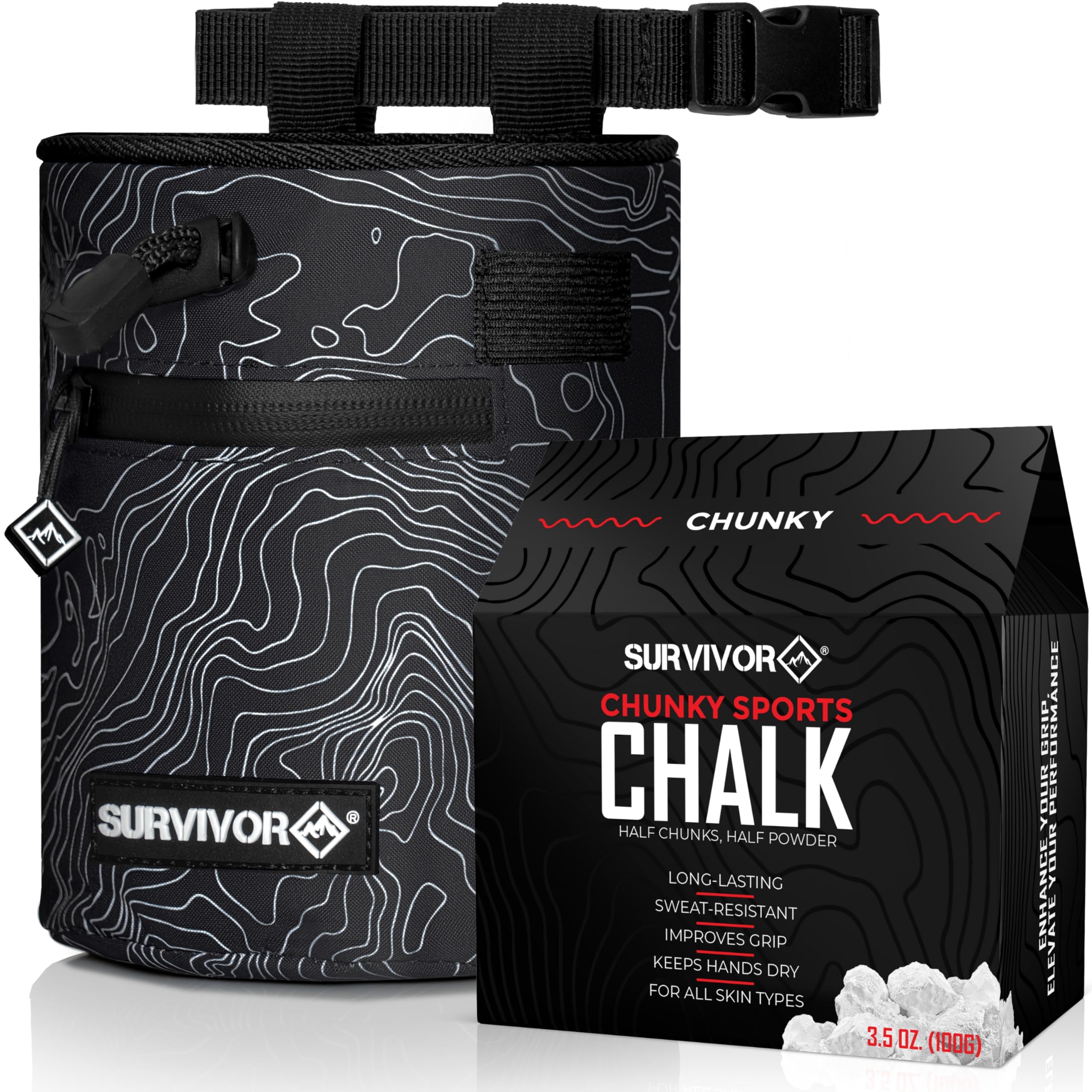 Topographical Map Chalk Bag for Rock Climbing & Bouldering - 3.5oz Chunky Chalk, Drawstring Closure, 2 Zippered Pockets & Brush Holder - Perfect for Indoor Climbing Gyms & Outdoor Adventures
