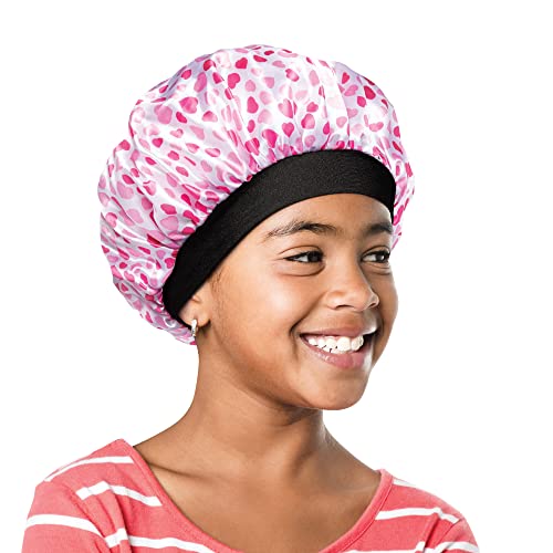 Red by Kiss Kids Satin Bonnet with Wide Band - Soft Sleep Cap & Shower Cap for Toddlers & Children (Heart Design) - Perfect for Nighttime Hair Protection & Bath Time