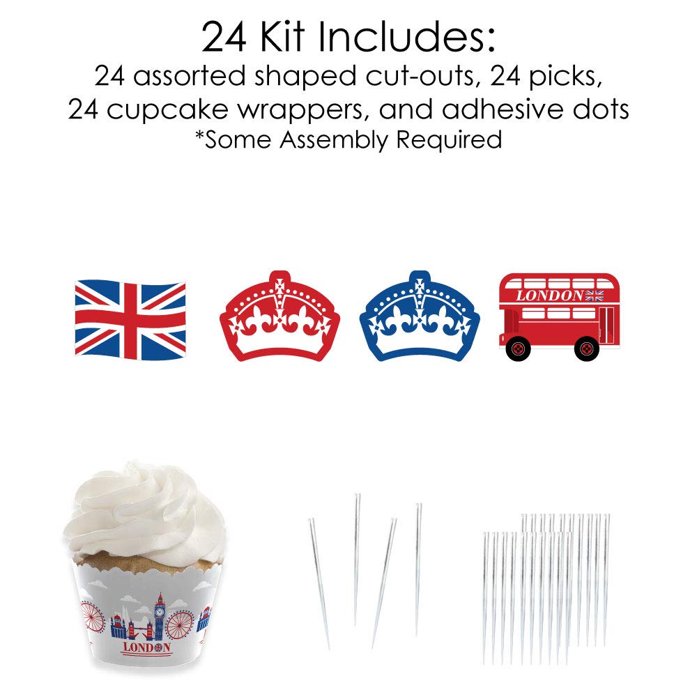Big Dot of Happiness Cheerio London - British Themed Cupcake Decorations Kit (24-Piece Set) - Includes Cupcake Wrappers & Treat Picks for UK Tea Party, Afternoon Tea, and Royal Celebration Events