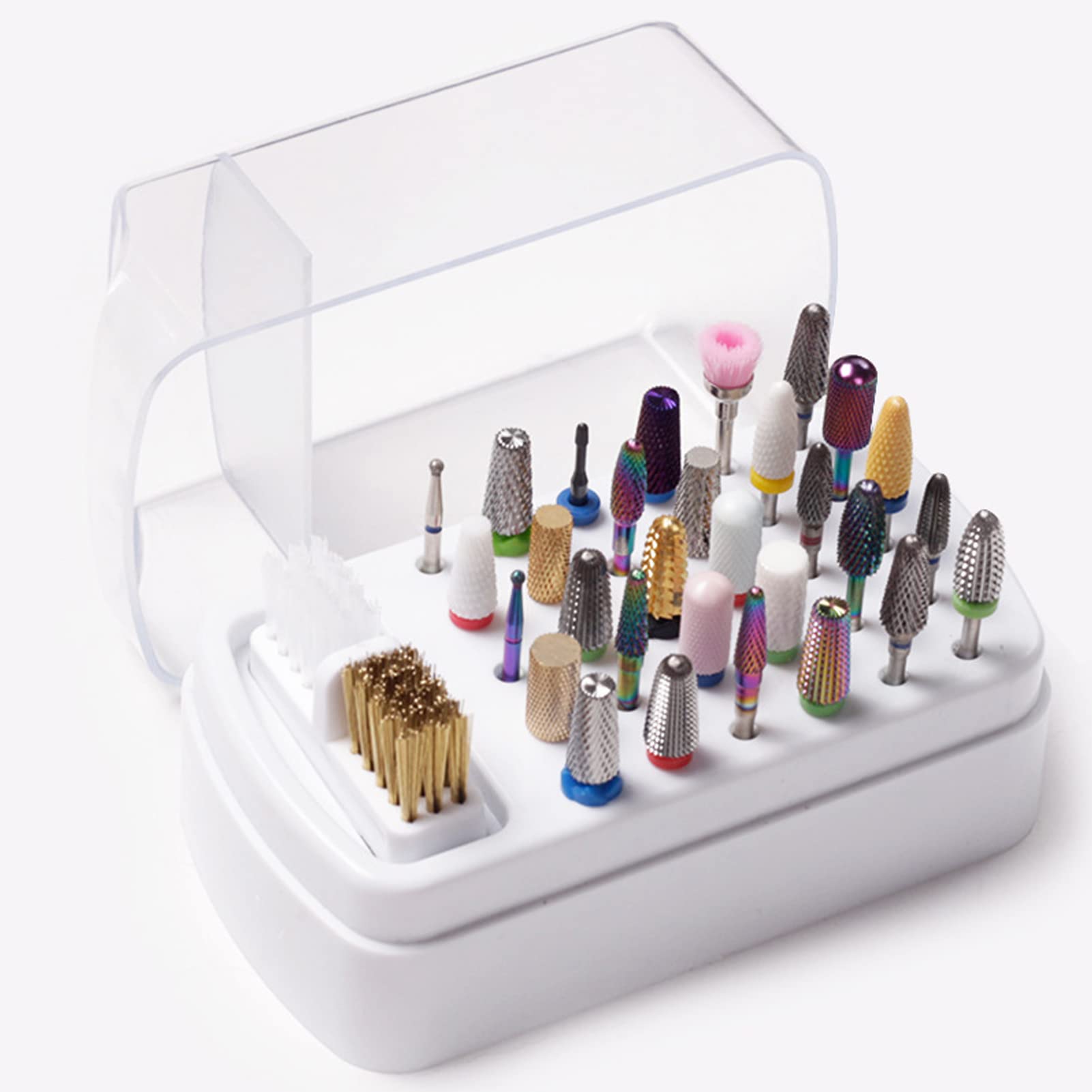 30 Hole Storage Box Organizer for Nail Drill Bits - Includes Cleaning Brush, Wire & Nylon Brushes - Perfect for Nail Salons, Home Manicures & Professional Nail Technicians