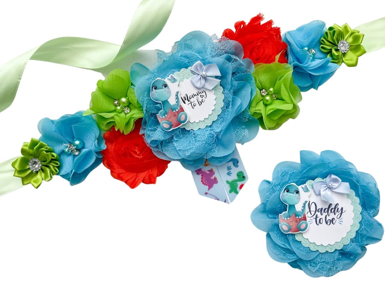 Blue Dinosaur Baby Shower Maternity Sash for Mom to Be - Dinosaur Theme Pregnancy Announcement Accessory with Matching Dad Pin - Perfect for Gender Reveals, Baby Showers & Maternity Photos