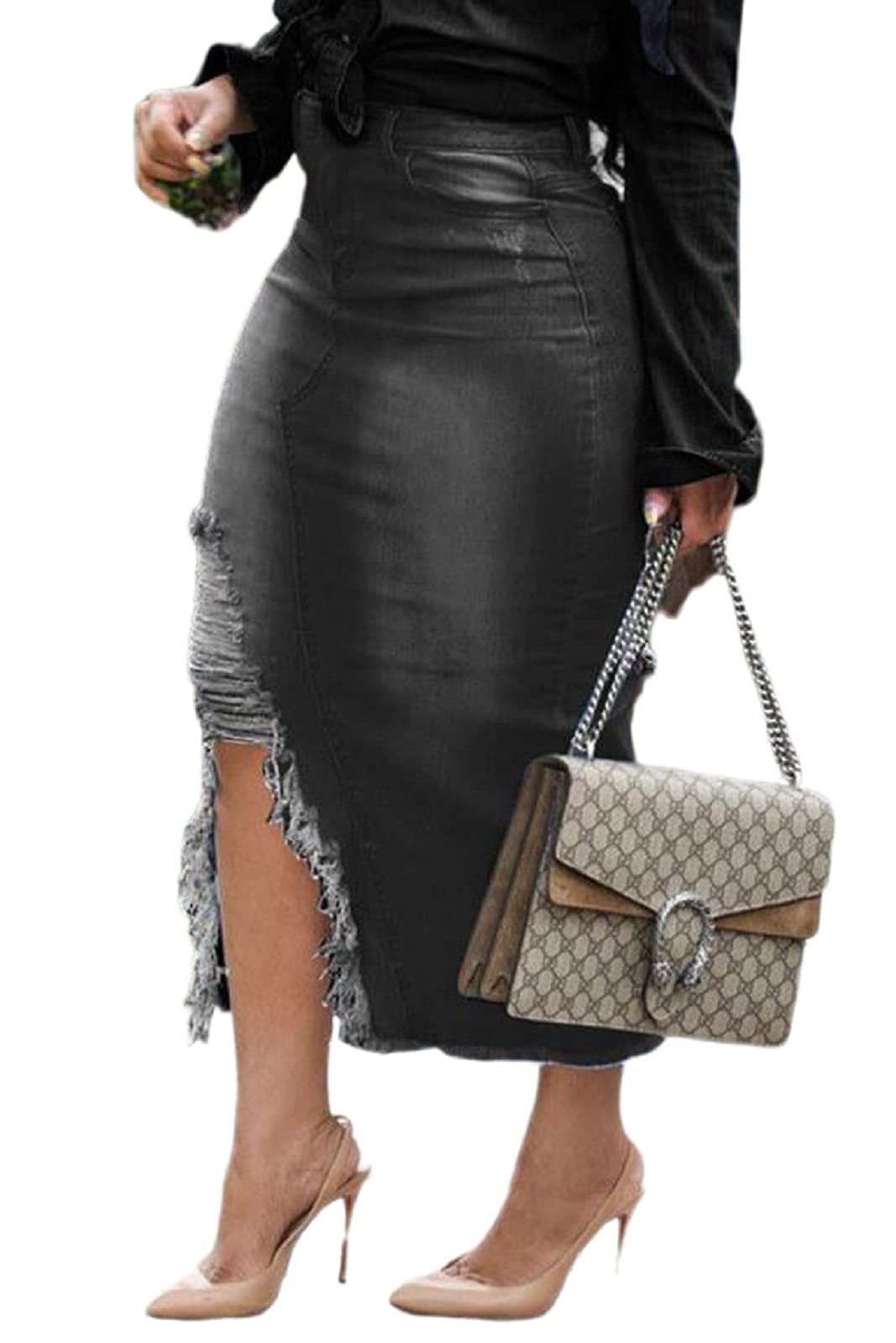 Women's Stretch High Waist Denim Midi Skirt with Side Slit & Pockets - Frayed Hem Casual Jean Skirt for Everyday Wear, Date Night & Summer Outfits