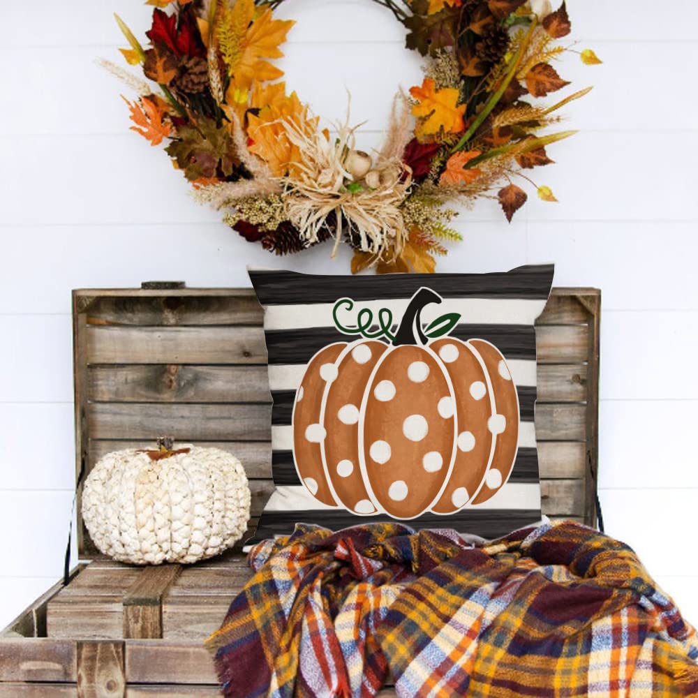 GEEORY 18x18 Fall Decor Pillow Covers Set of 4 - Polka Dot Pumpkin Maple Leaf Thanksgiving Throw Pillow Cases for Couch, Sofa & Outdoor Decor - Farmhouse Seasonal Home Decor for Autumn, Halloween & Thanksgiving