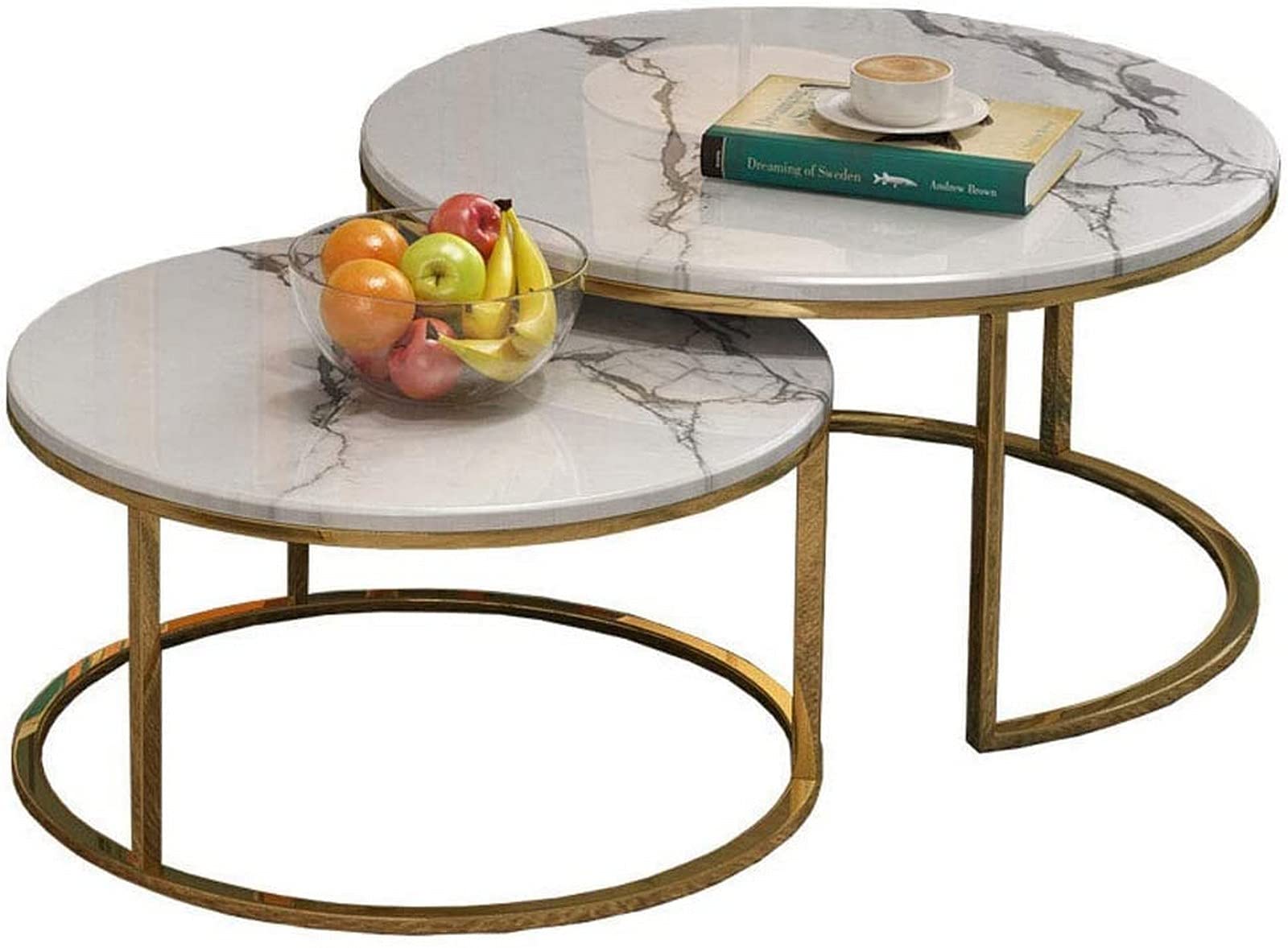 QHCS Modern Marble Nesting Coffee Table Set - 2-Piece Gold Side Tables for Living Room, Balcony, Home & Office Decor | D80+D65 End Tables for Sofa, Lounge & Workspace