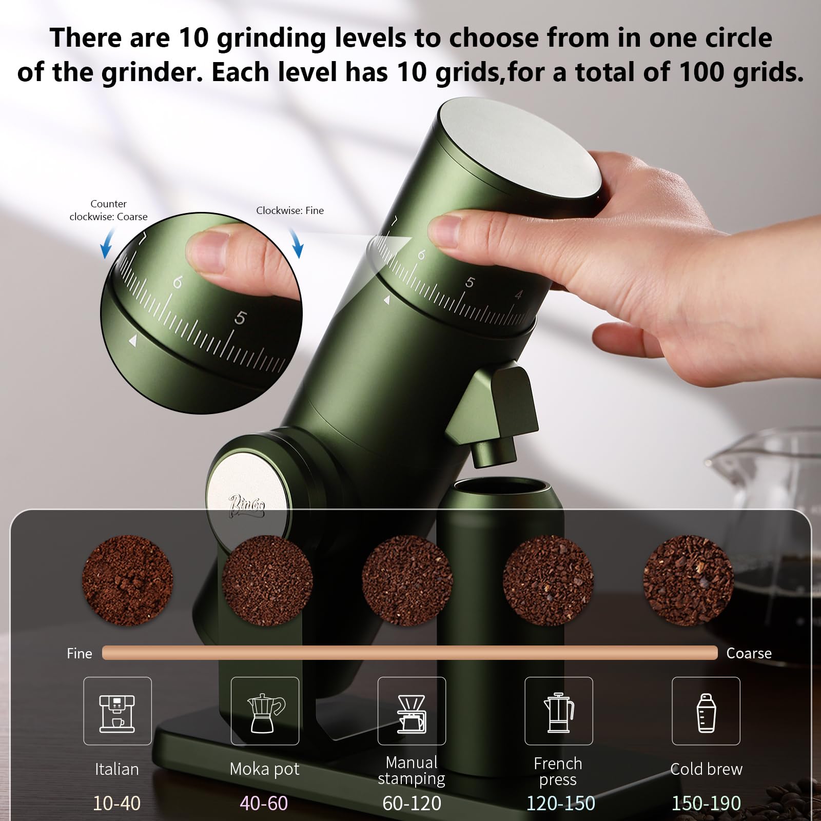 Premium Bincoo DM01 Electric Coffee Grinder - Stainless Steel Burr with Stepless Adjustment & Cleaning Brush - Perfect for Espresso, Pour Over, French Press & Home Brewing - Quiet & Powerful Coffee Bean Grinder for Fresh Ground Coffee Every Morning