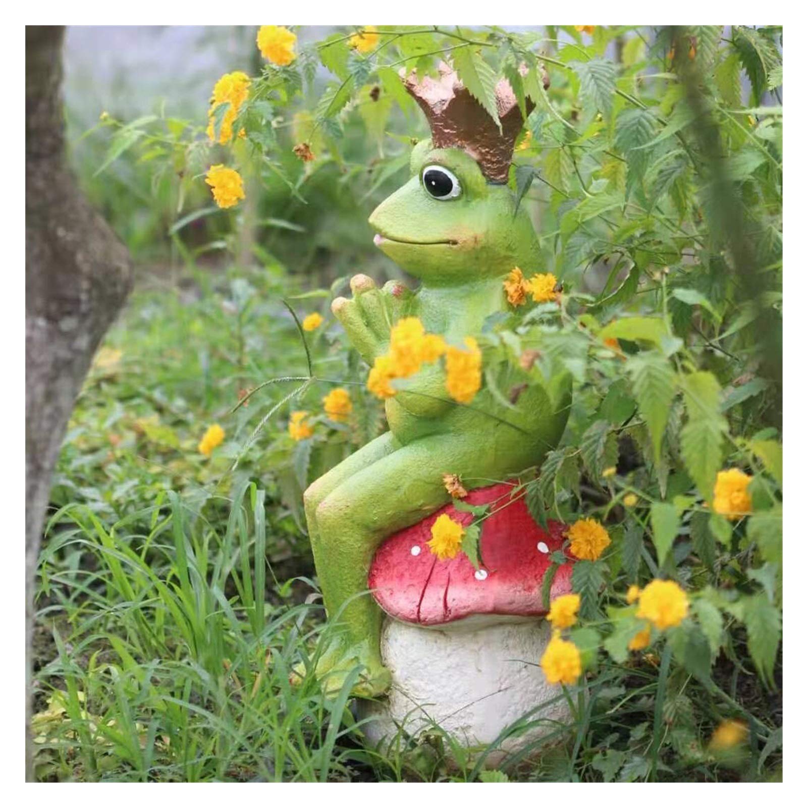 Frog Sitting on Mushroom Statue - Rustic Garden Decor for Courtyard, Patio & Landscaping | Outdoor Home Decoration for Gardening & Pastoral Scenes