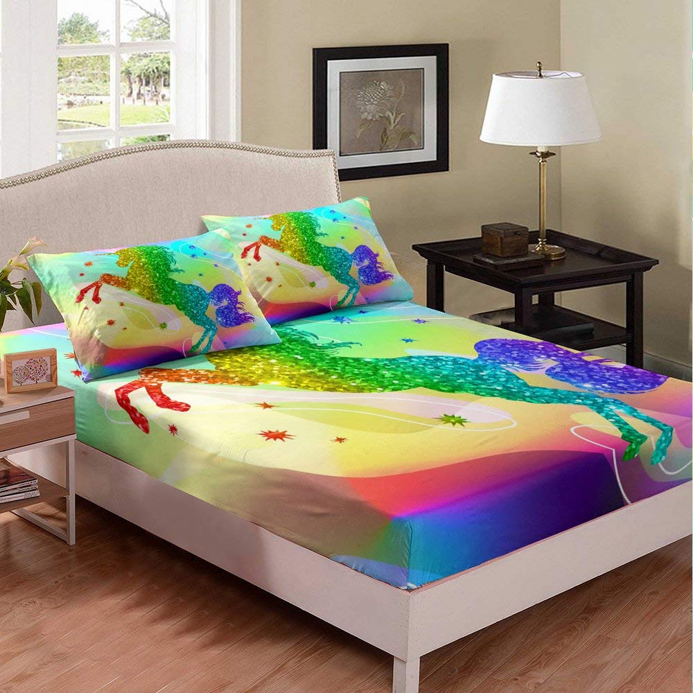 **Unicorn & Stars Cartoon Bedding Set for Girls - 3-Piece Microfiber Bed Sheets with Deep Pocket Fitted Sheet, Horse Animal Theme - Perfect for Kids' Room, Sleepovers & Themed Decor**