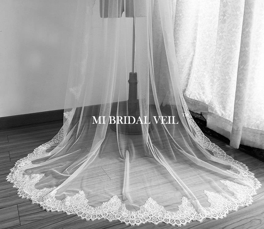 Elegant Chapel Length Lace Wedding Veil with Hip Detail - Perfect for Bridal Ceremonies & Romantic Photos