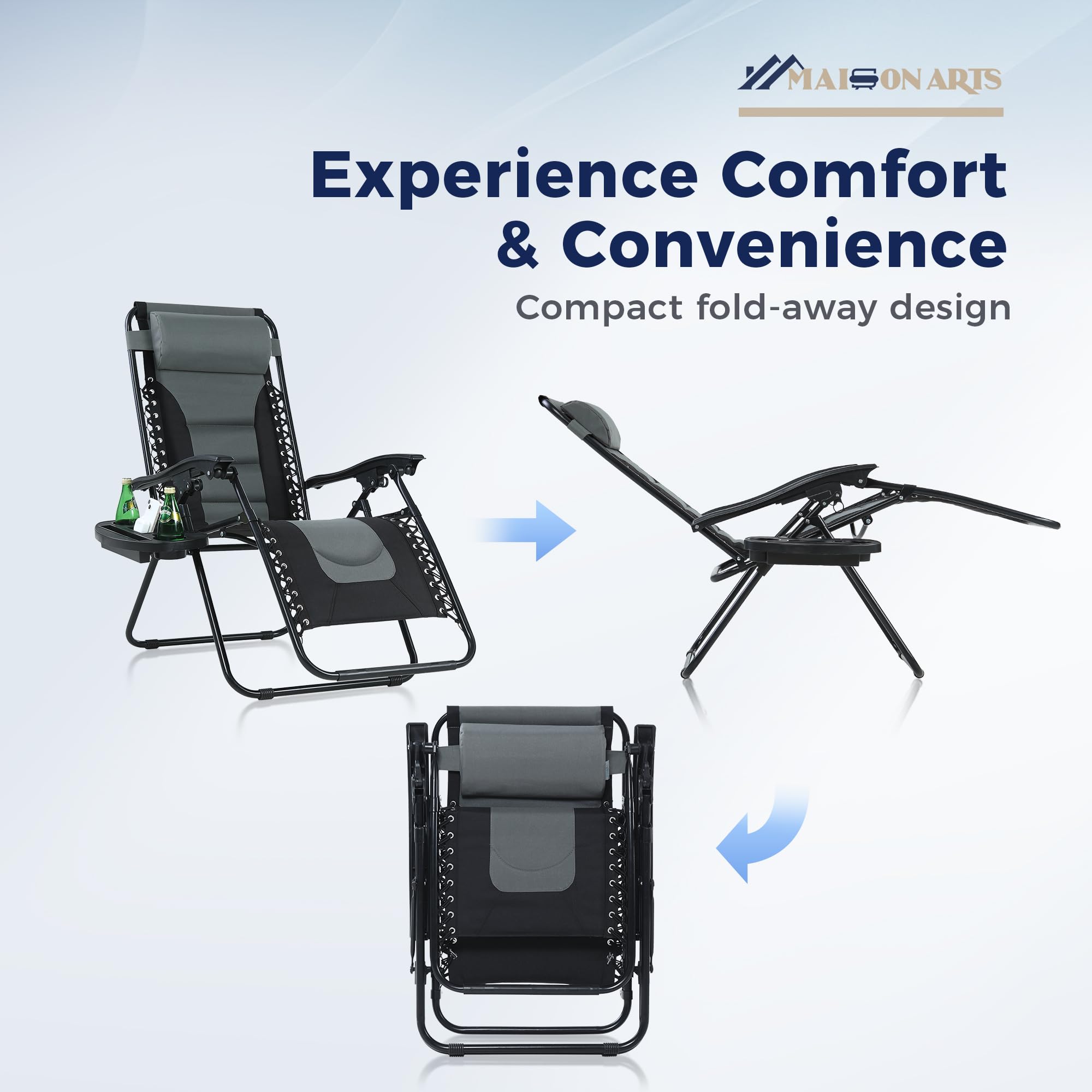 MAISON ARTS Zero Gravity Lounge Chair - Foldable Padded Patio Recliner with Pillow & Cup Holder - 350LBS Weight Capacity - Grey - Perfect for Poolside Relaxation, Backyard Lounging, Beach Camping & Outdoor Adventures