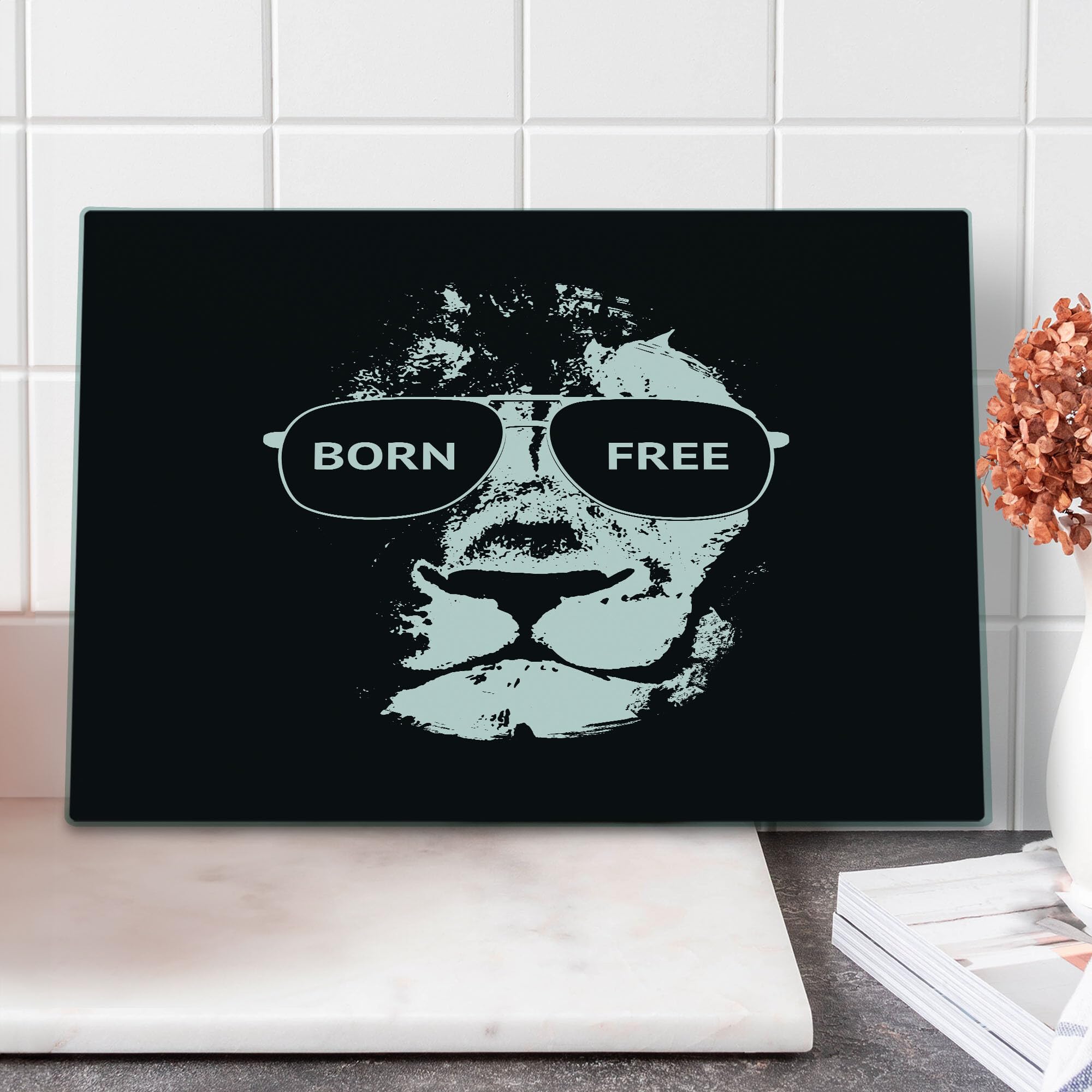Ambesonne Inspirational Lion with Sunglasses Tempered Glass Cutting Board - Large Black & White Freedom Themed Serving Board for Kitchen Decor & Party Serving