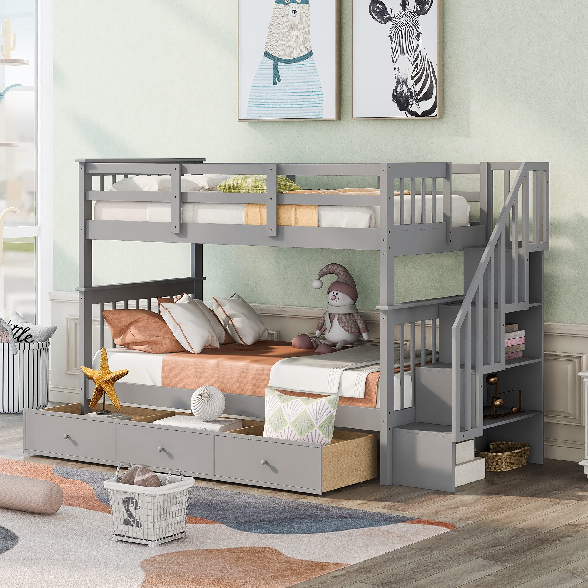 Twin Over Twin Bunk Bed with Storage Drawers & Stairs - Grey for Kids' Bedroom