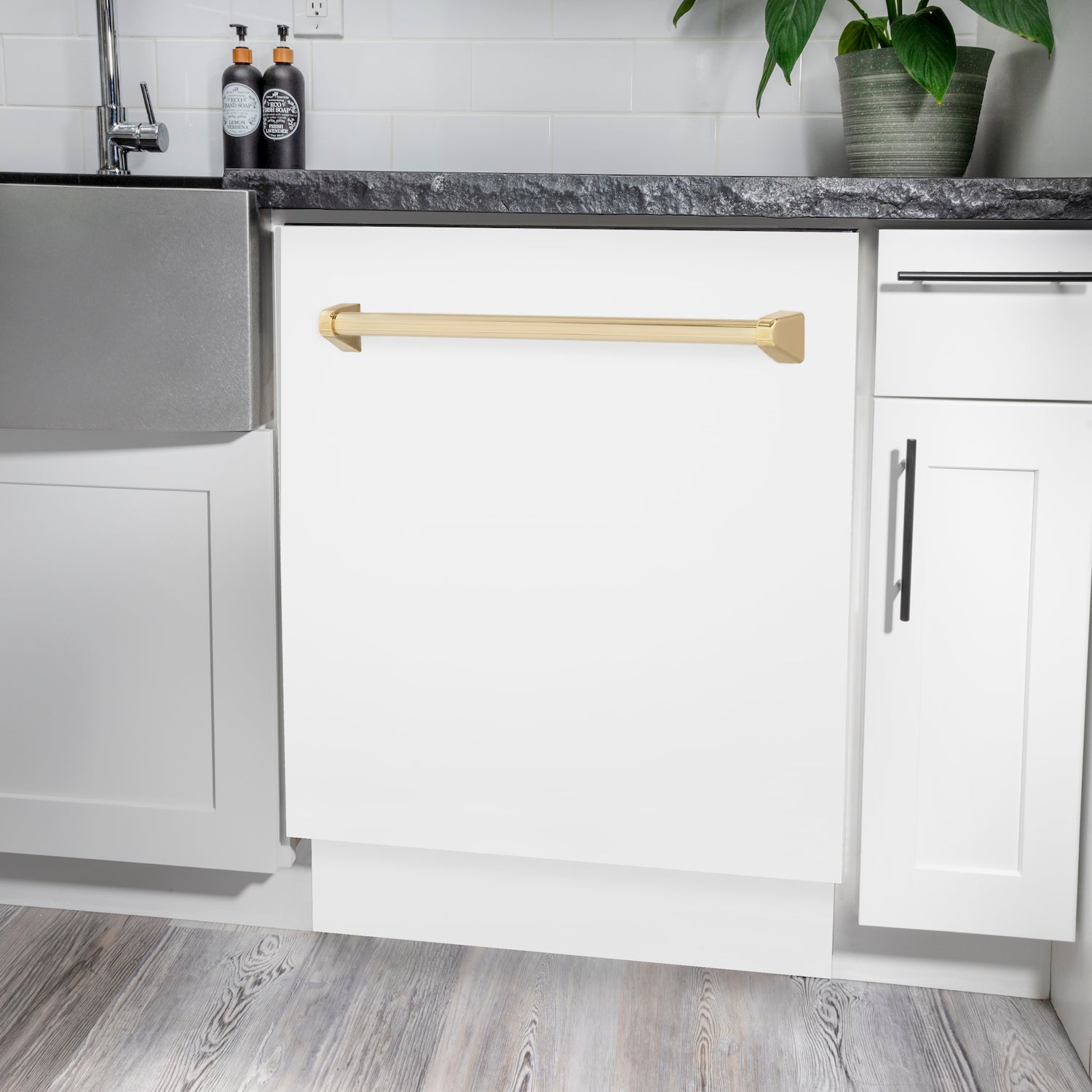 ZLINE Autograph Edition 24-inch 3rd Rack Top Control Tall Tub Dishwasher in White Matte with Polished Gold Handle - Ultra Quiet 51dBa (DWVZ WM 24 G) - Perfect for Modern Kitchens, Small Spaces & Open-Concept Homes