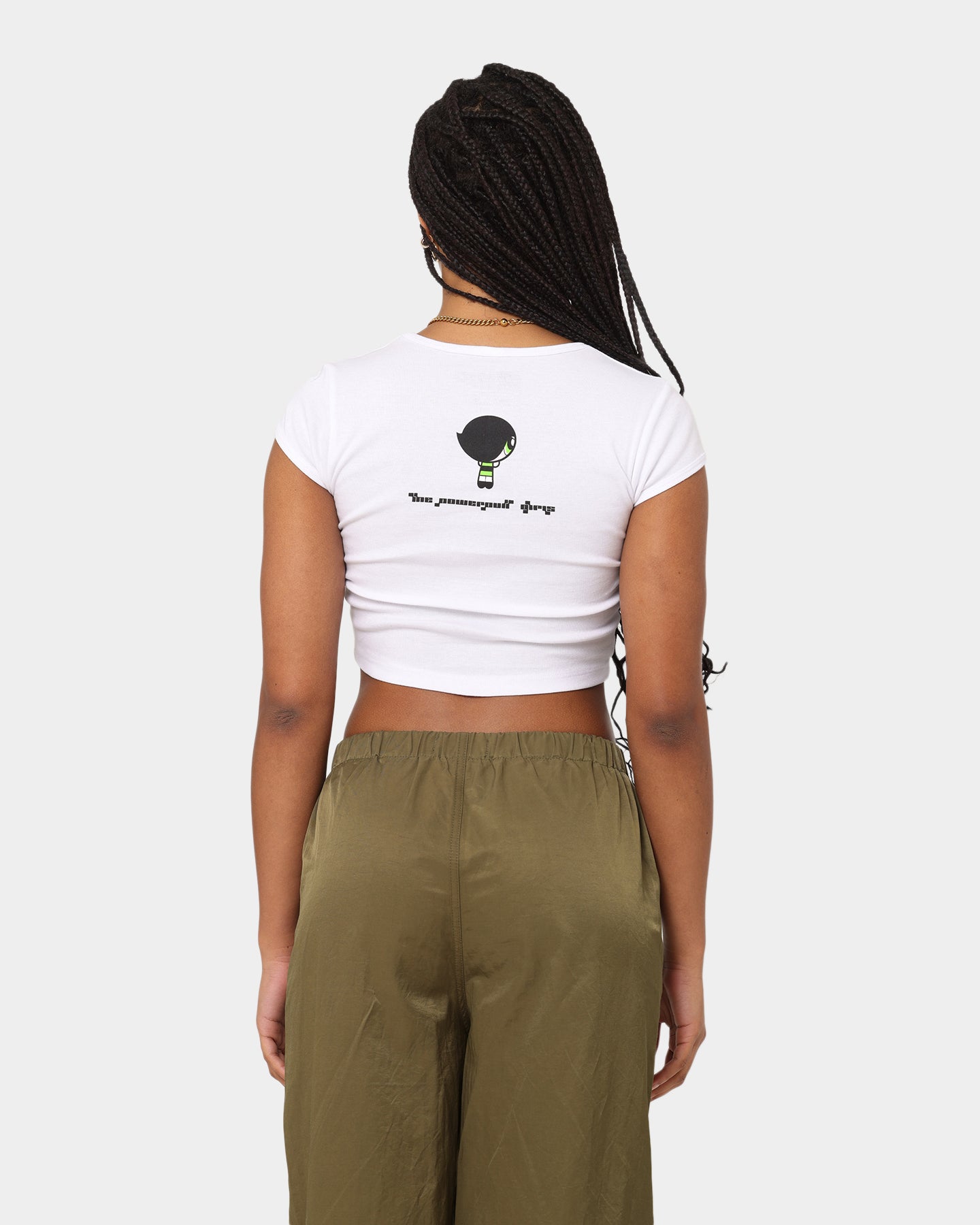 American Thrift X Powerpuff Girls Women's Buttercup Graphic Ringer T-Shirt - White Cotton Tee for Casual Wear & Cartoon Fan Fashion