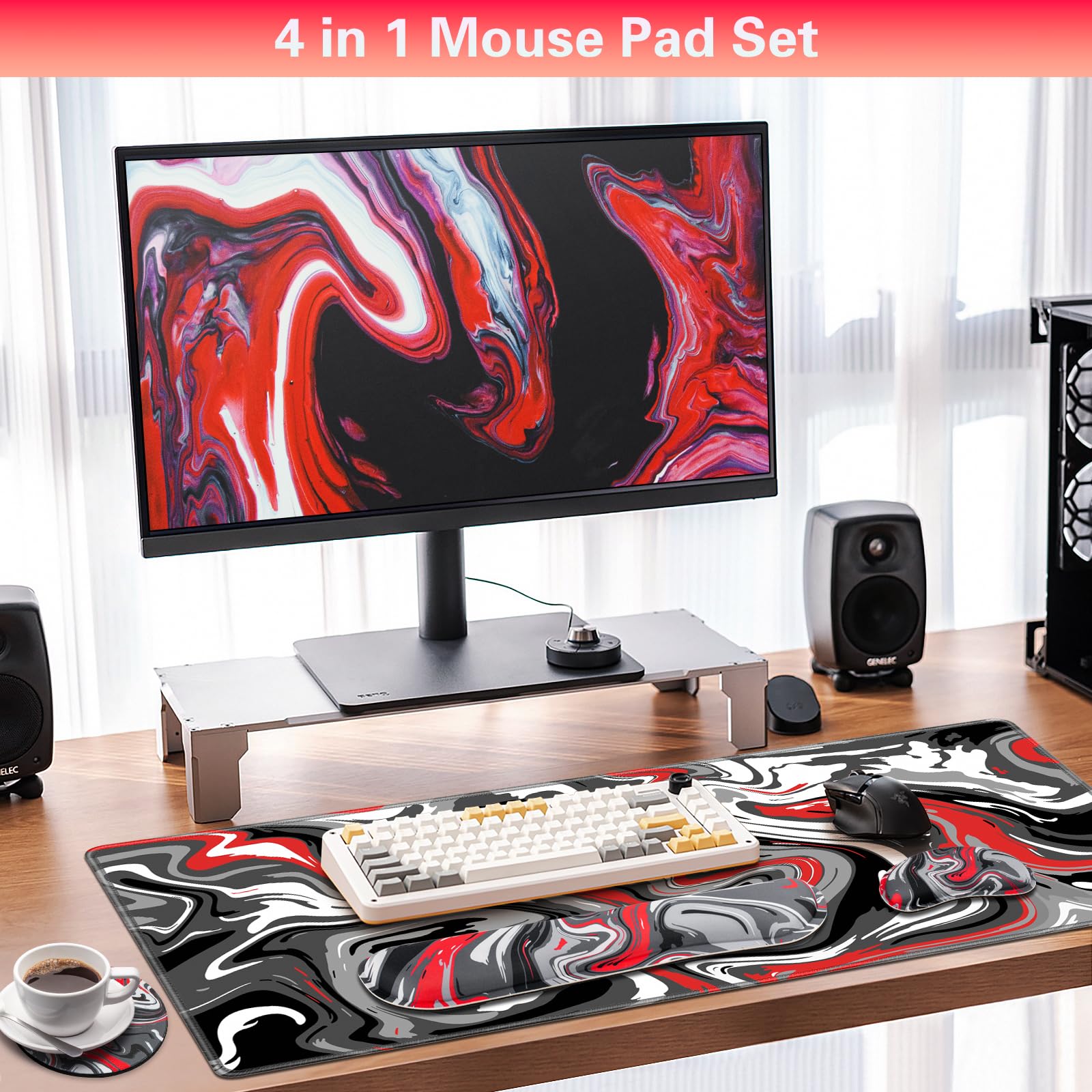 Canjoy 4-in-1 XXL Gaming Mouse Pad Set - 35.4×15.7 Inch Extended Desk Mat with Memory Foam Wrist Rest & Coaster - Non-Slip Office Desk Accessories for PC, Laptop, Gaming Setup - Perfect for Home Office, Workstation & Esports