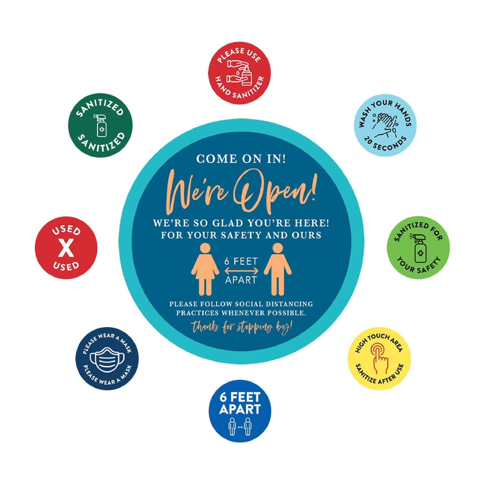 50-Pack Social Distancing Signs & Stickers - 10 Round 8