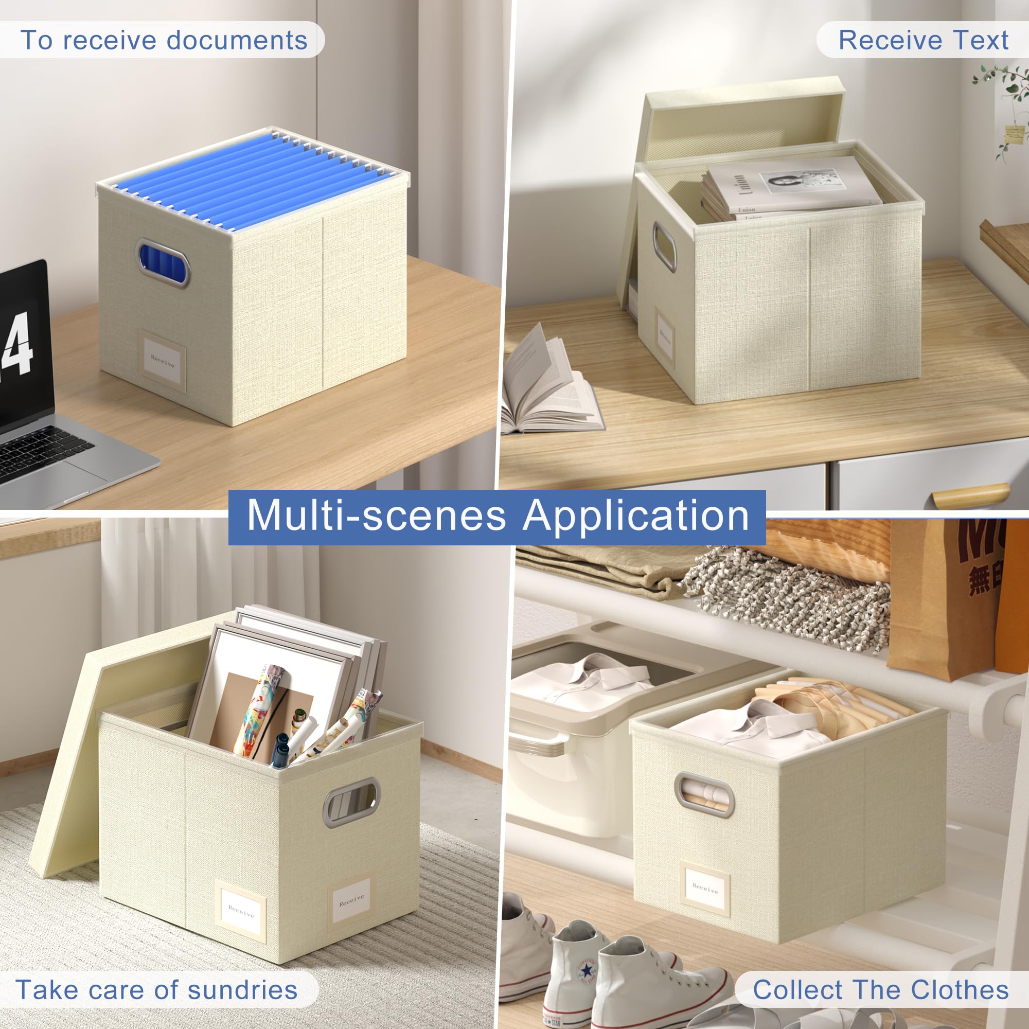 3-Pack Beige Hanging File Organizer Box with Lid - 13.2 x 10.1 x 10.1 Inch Decorative File Storage Box for Office, Home & School - Durable Plastic Frame Hanging Folder Organizer for Documents & Papers