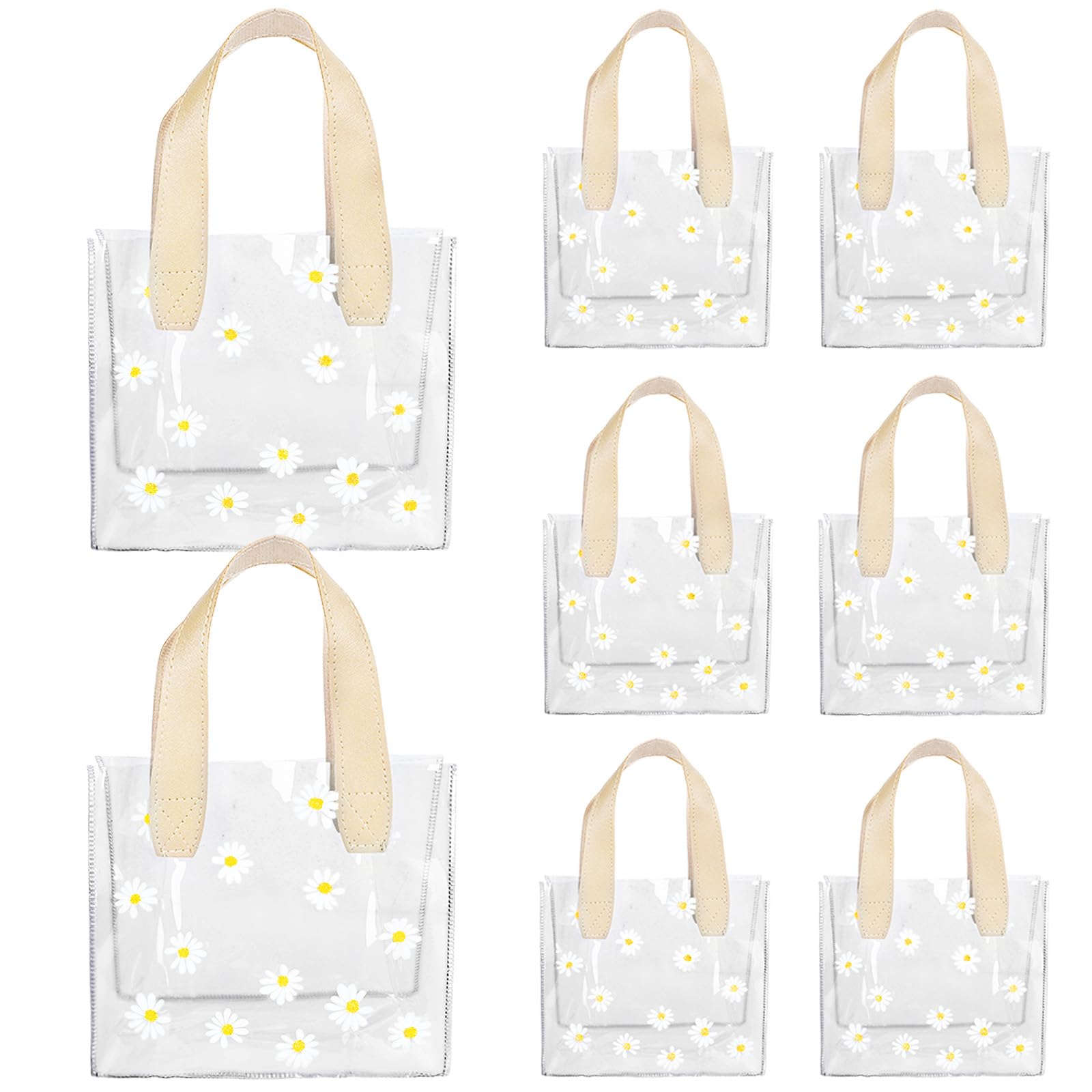 12Pcs Clear PVC Gift Bags with Handles - Daisy Flower Transparent Party Favor Bags for Bridesmaid Gifts, Valentines, Mother's Day, Wedding, Birthday & Baby Shower - Reusable Treat Bags for Candy, Jewelry & Small Gifts