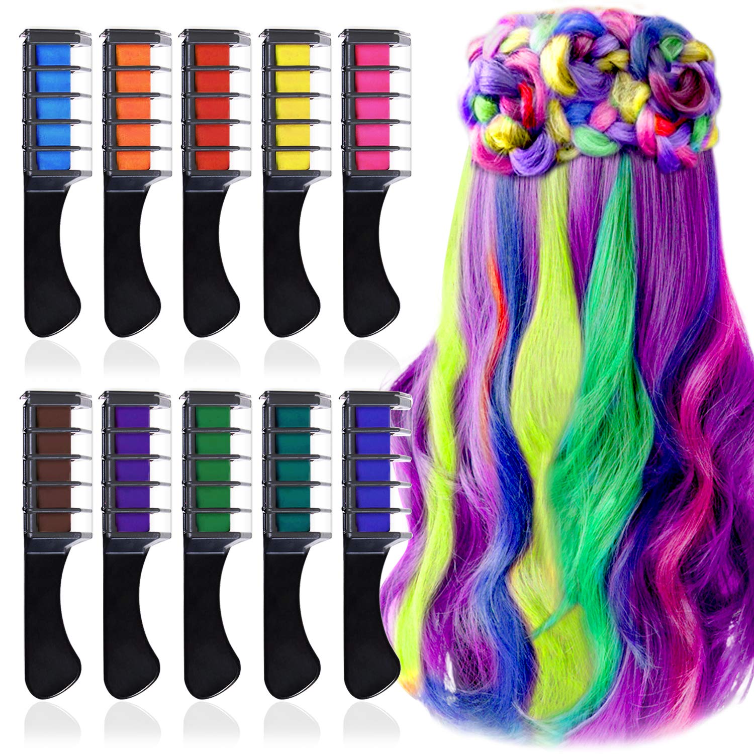 10 Colors Temporary Hair Chalk Comb - Washable & Non-Toxic Hair Color for Girls & Adults | Perfect for Cosplay, Halloween, Christmas Parties & Birthday Gifts | Includes Lid & Shawl for Easy Application & Mess-Free Fun