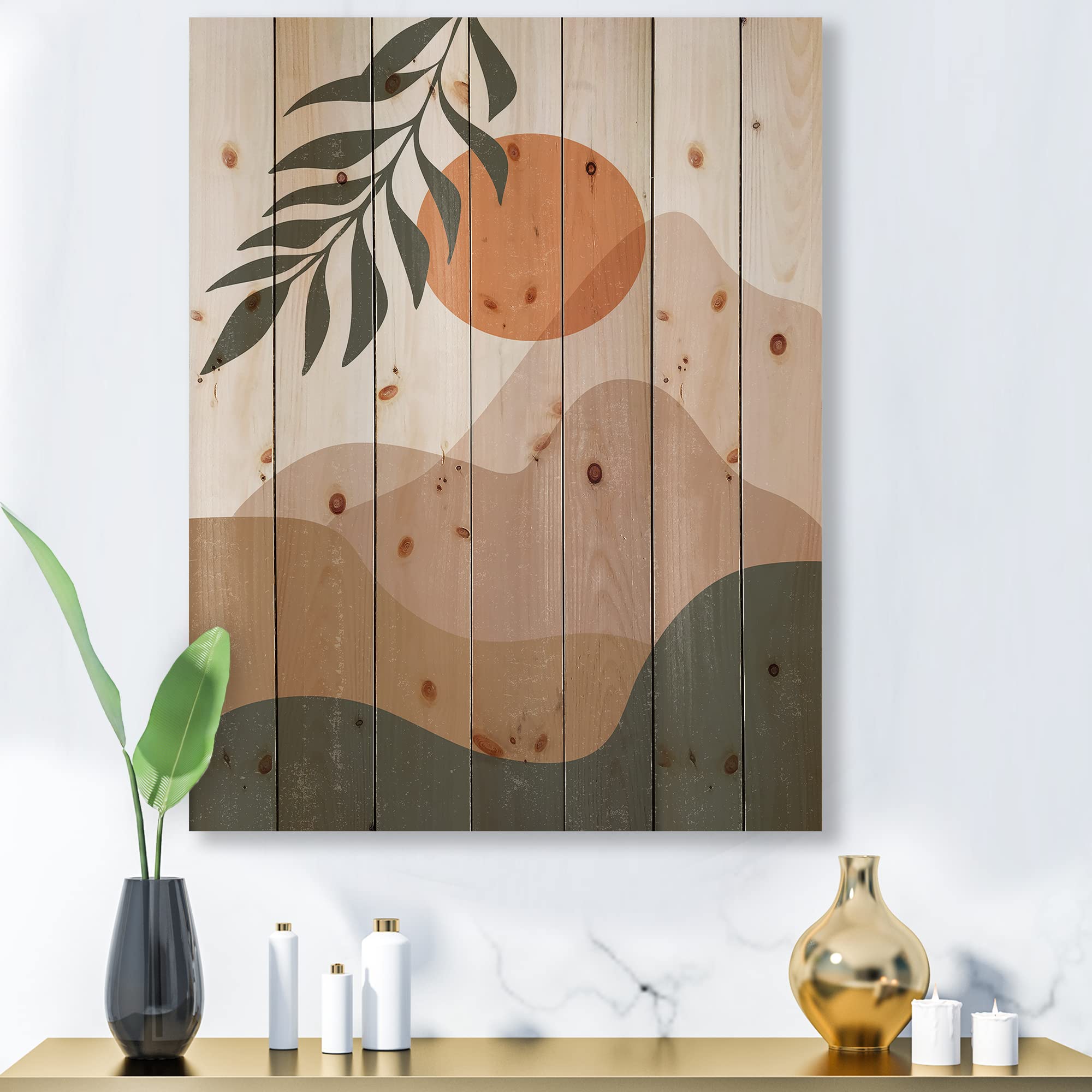 Abstract Red Moon in Earth Toned Mountains Wood Wall Art - Modern Contemporary Pine Wood Decor, Large Floral Wood Panel for Living Room, Bedroom & Office Wall Decoration