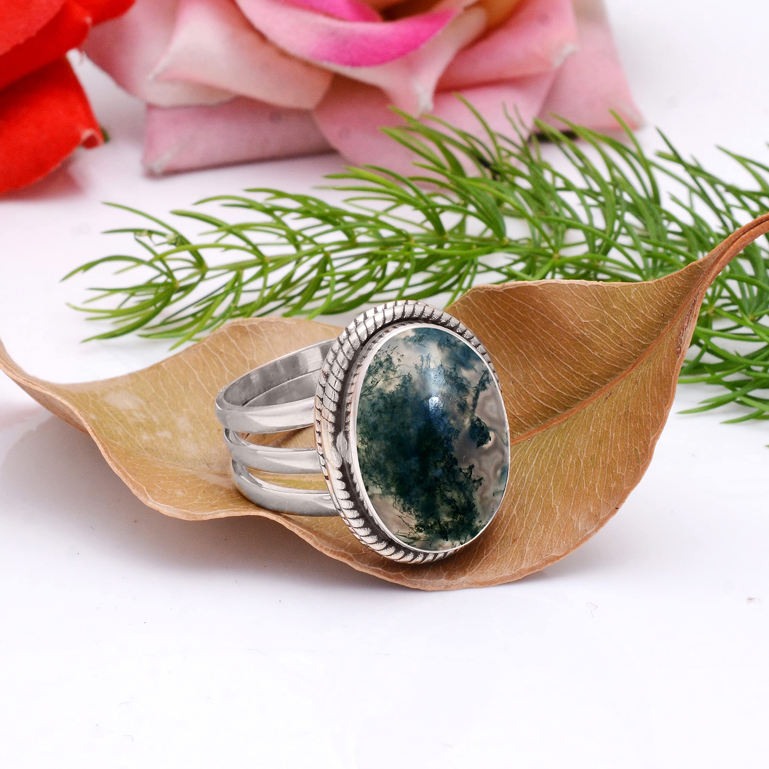Veracity Jewelry Moss Agate Rings for Women - 925 Sterling Silver Healing Meditation Rings with Natural Green Gray Moss Agate Gemstone - Elegant Spiritual Jewelry for Yoga, Meditation & Everyday Wear - VSR-116