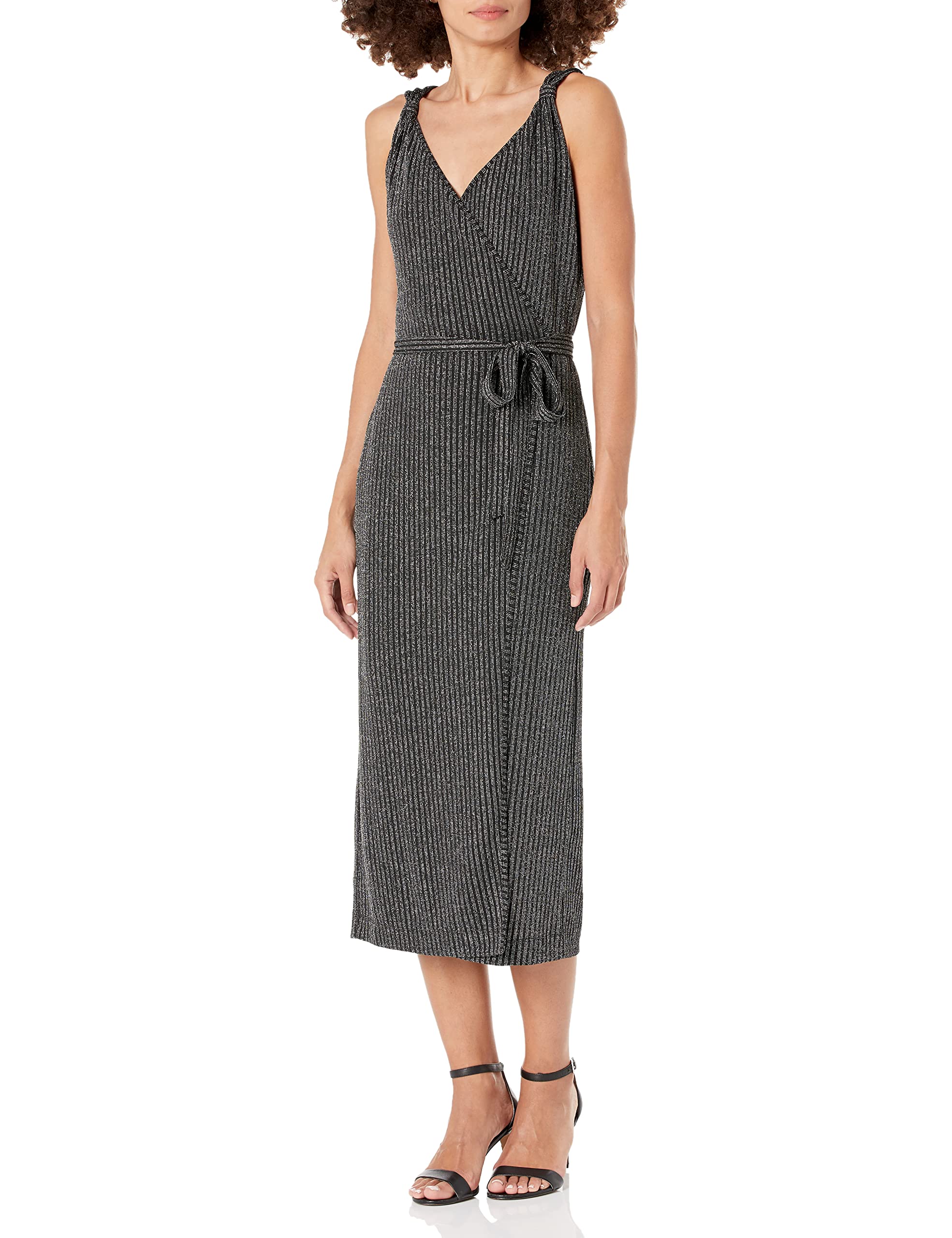 PAIGE Women's Sleeveless Wrap Dress - Black & Silver Metallic Floral Print | Summer Casual, Beach Cover Up, Cocktail Party Outfit