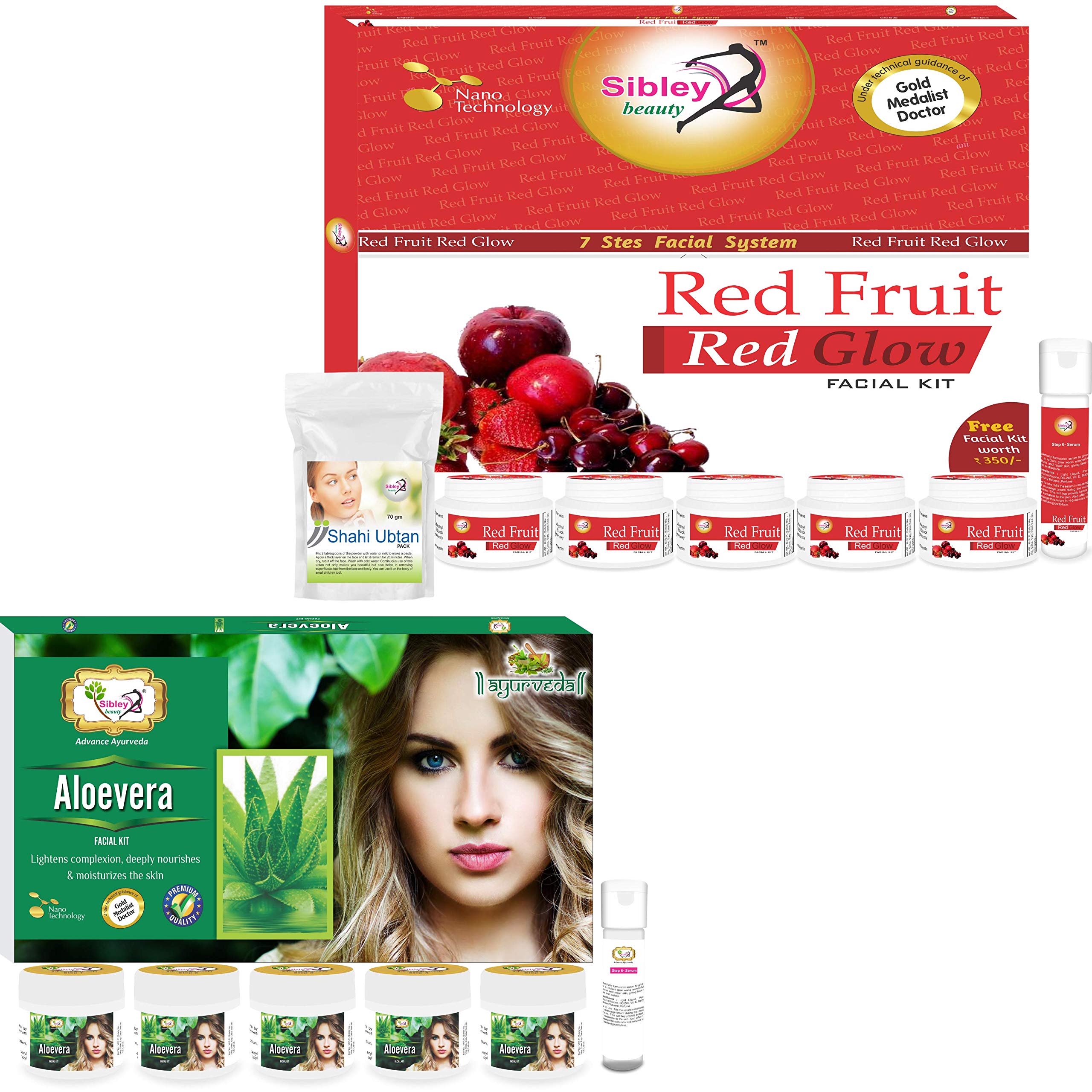 Sibley Beauty Red Fruit Red Glow Facial Kit & Aloe Vera Kit Combo (340g x 7 + 165g x 6) - Skincare Set for Men & Women with Oily, Normal, Dry Skin - Brightening & Hydrating Treatment for Daily Face Care Routine