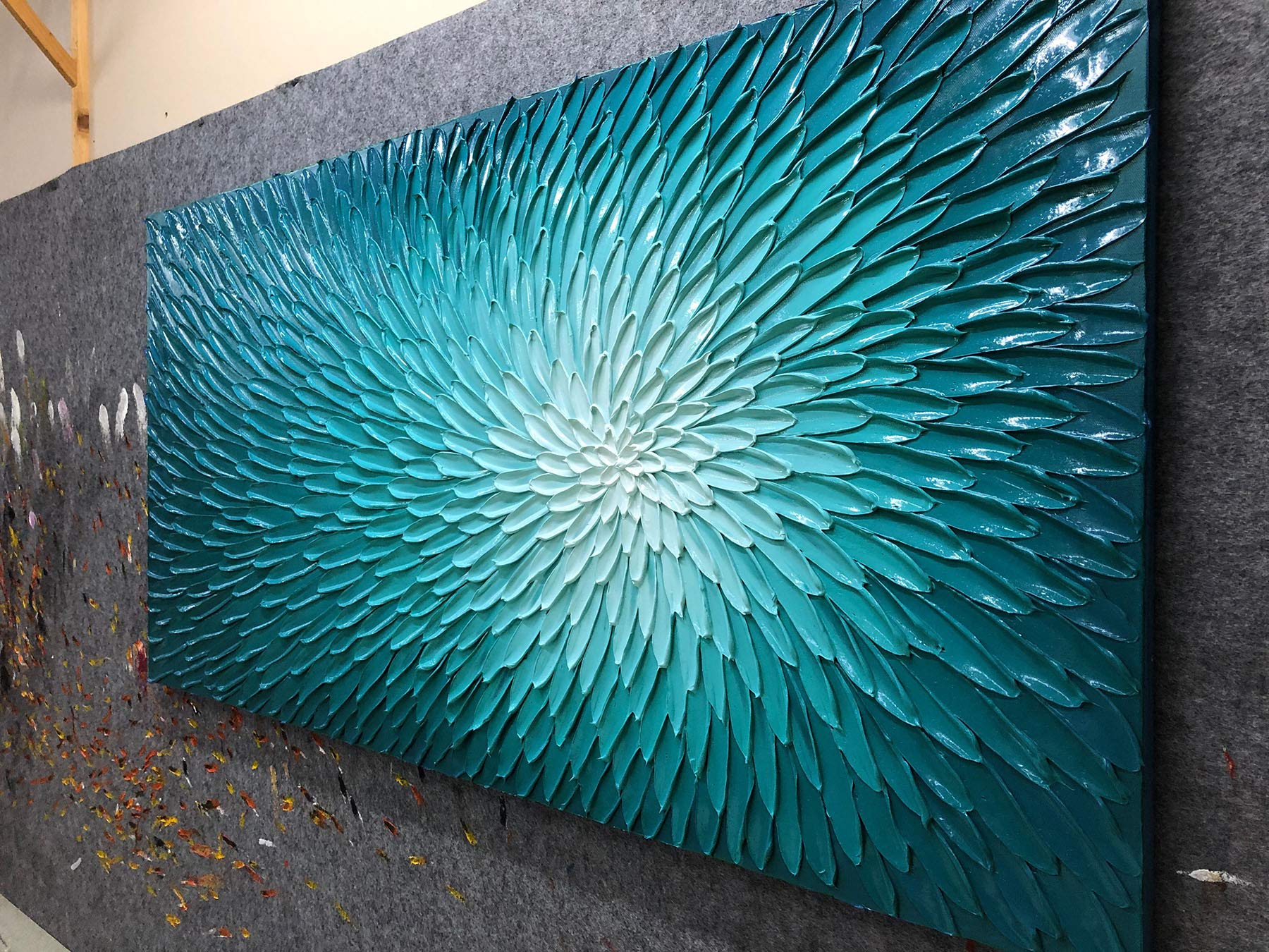 AMEI Art - 24x48 Inch Hand Painted Abstract Teal Blue Textured Oil Painting Floral Canvas Artwork | Acrylic Wall Decor with Wood Frame | Ready to Hang | Perfect for Living Room, Bedroom & Office Decor