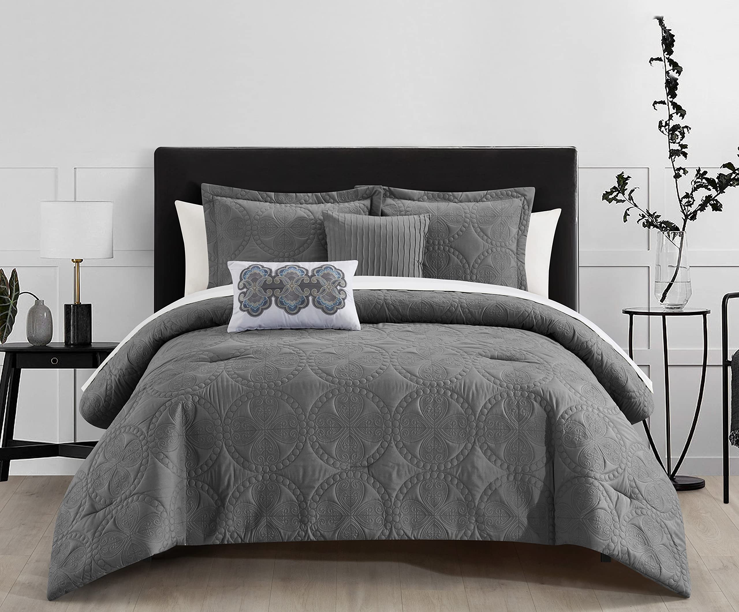 Chic Home Adaline 5-Piece Comforter Set with Embroidered Design - Includes Decorative Pillows & Shams, Queen Size, Grey - Perfect for Master Bedroom, Guest Room & Cozy Home Decor