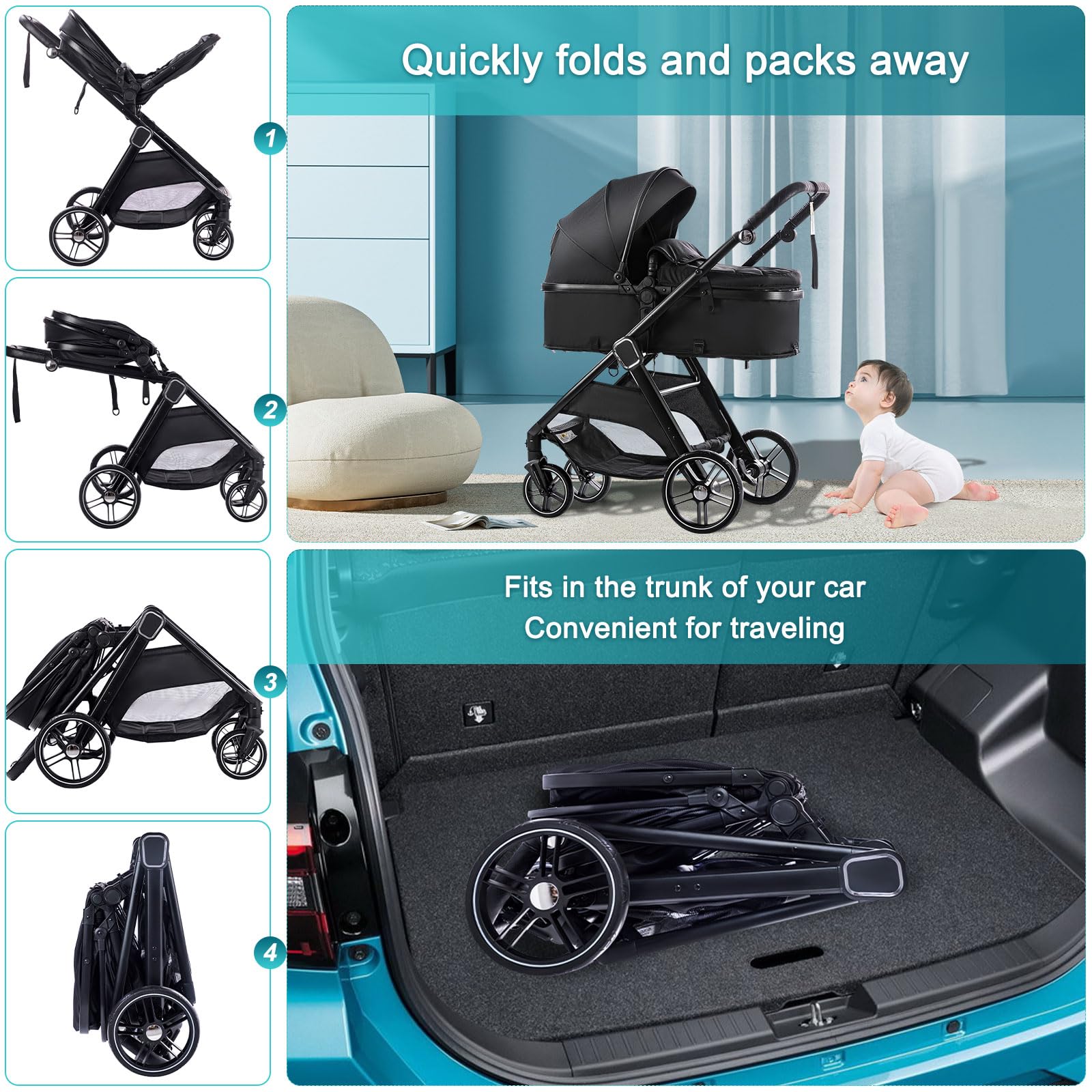 **Trenana 2-in-1 Baby Stroller with Reversible Bassinet - Adjustable Backrest & Canopy, Foldable Lightweight Aluminum Alloy Frame, Shock-Absorbing Wheels for Newborns & Infants (Pink) - Perfect for Park Walks, Shopping & Travel**